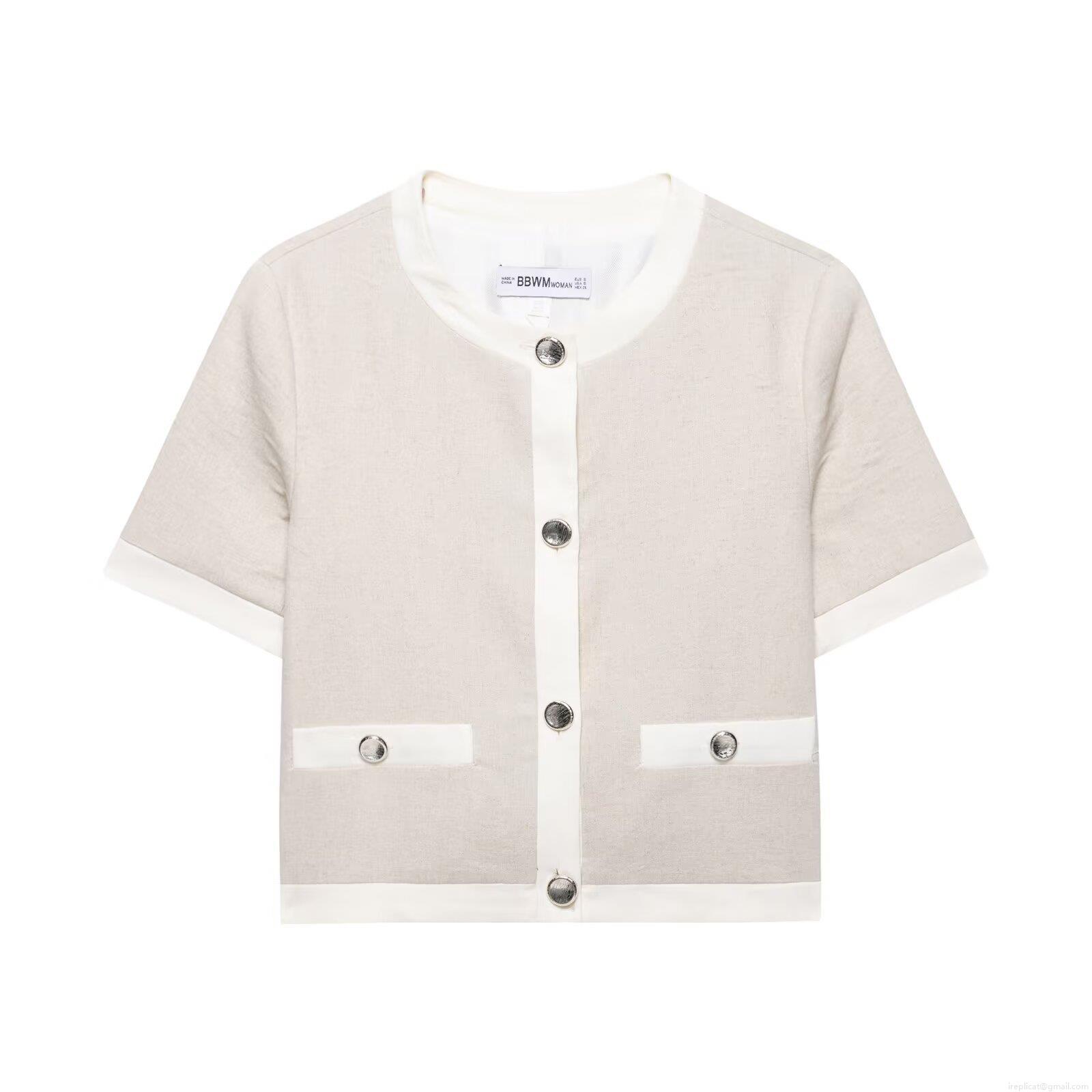 Women's 2-Piece Casual Set Short Sleeve Crop Blazer Top And High Waist Wide Leg Trousers Minimalist Oat Beige Linen Texture Outfits With Contrast Trim