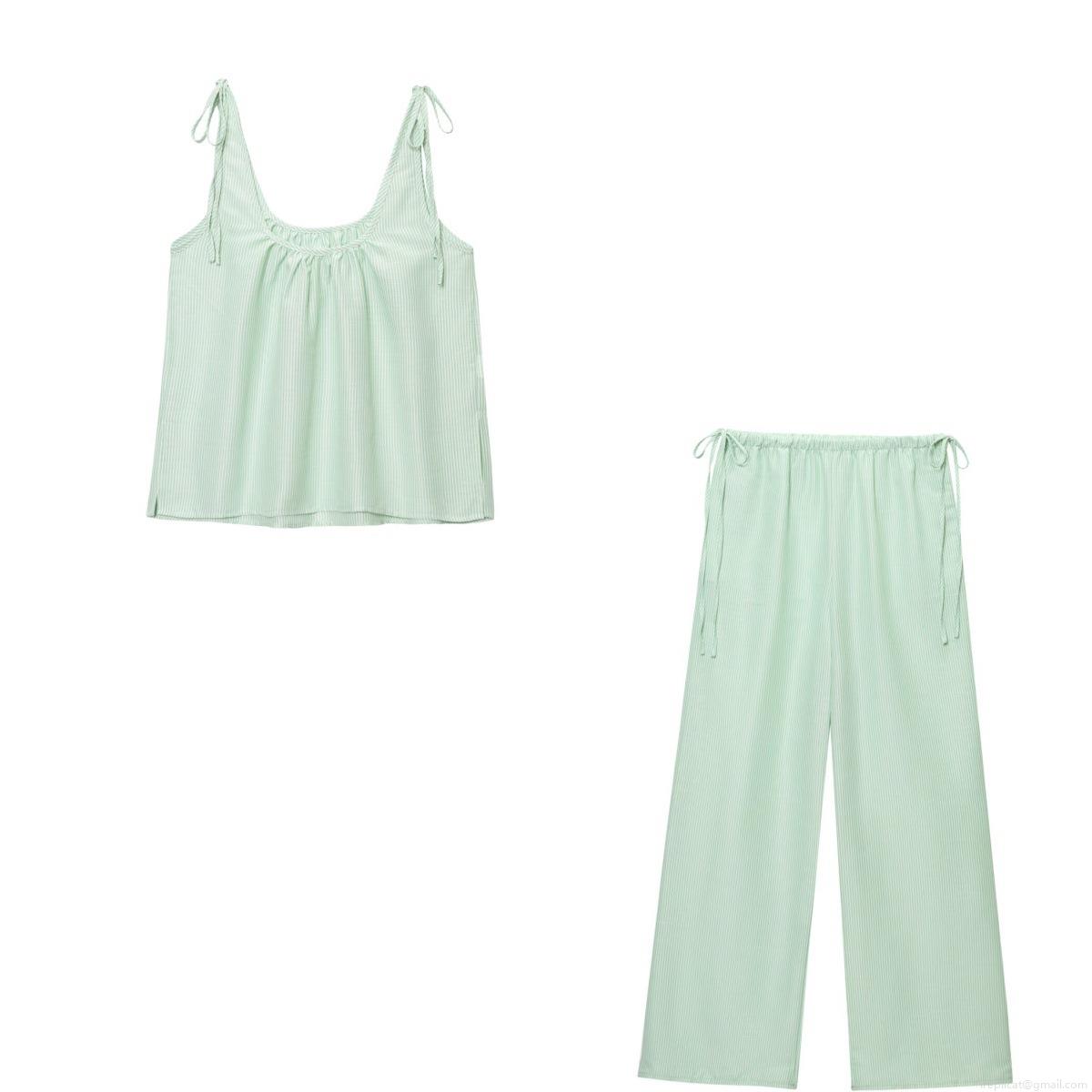 Women Summer Striped 2-Piece Outfit Mint Green Sleeveless Camisole Top And Wide Leg Pants Set Casual Cotton Linen Texture Set For Beach Vacation