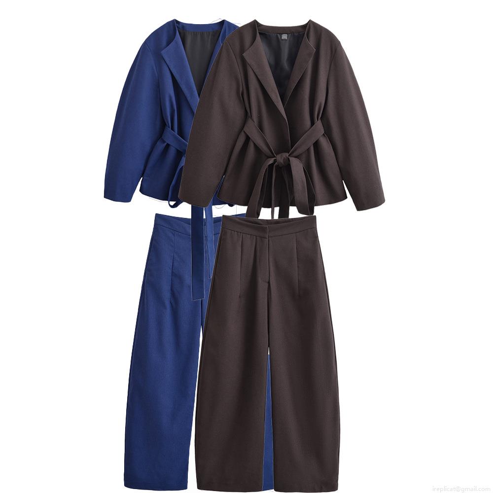 Women Kimono Style Blazer And Wide Leg Pants Set 100% Polyester High Waist Tie Up Belted Casual Suit Streetwear Two Piece Outfit For Ladies Autumn Fashion
