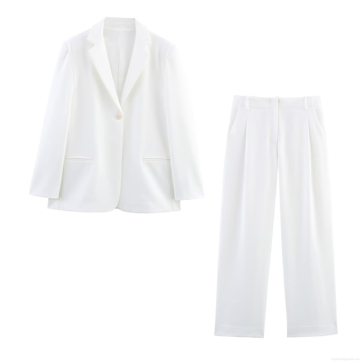 Women's Professional White Blazer and Pants Set Solid Color Single Button Notched Lapel Long Sleeve Woven Polyester Suit Business Casual Two Piece Outfit for Office Lady