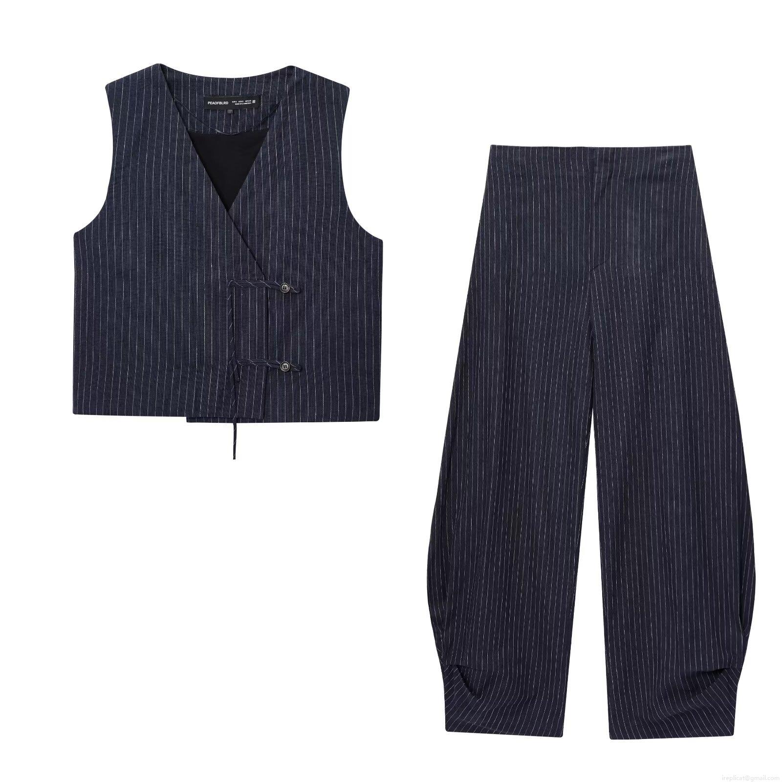 Women's Summer Stripe Vest Pants Set Sleeveless Frog Button Detail Waistcoat And Wide Leg Trousers Two Piece Outfits Casual Streetwear