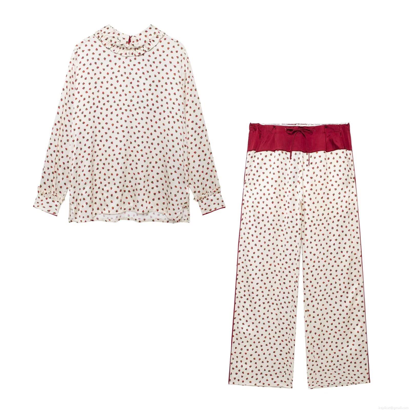Women's Sweet Strawberry Print Long Sleeve Shirt Ruffle Stand Collar Top and Wide Leg Tie Waist Pants Two Piece Casual Loungewear Set Polyester Woven Outfit