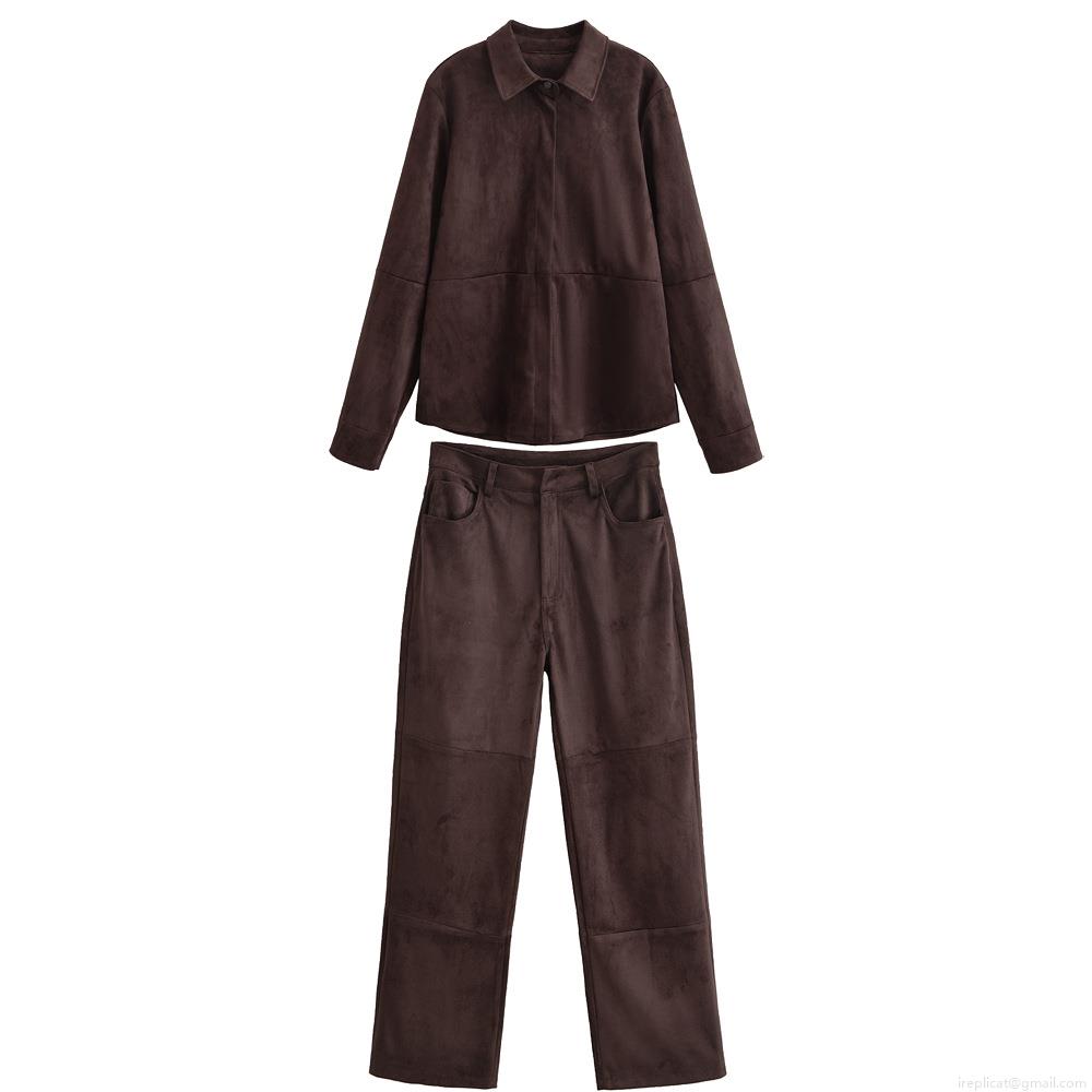 Women's European Style Faux Suede Two-Piece Set Solid Color Long Sleeve Button Shirt Jacket And High Waist Wide Leg Pants Set For Autumn Winter Streetwear Casual Outfit Dark Brown
