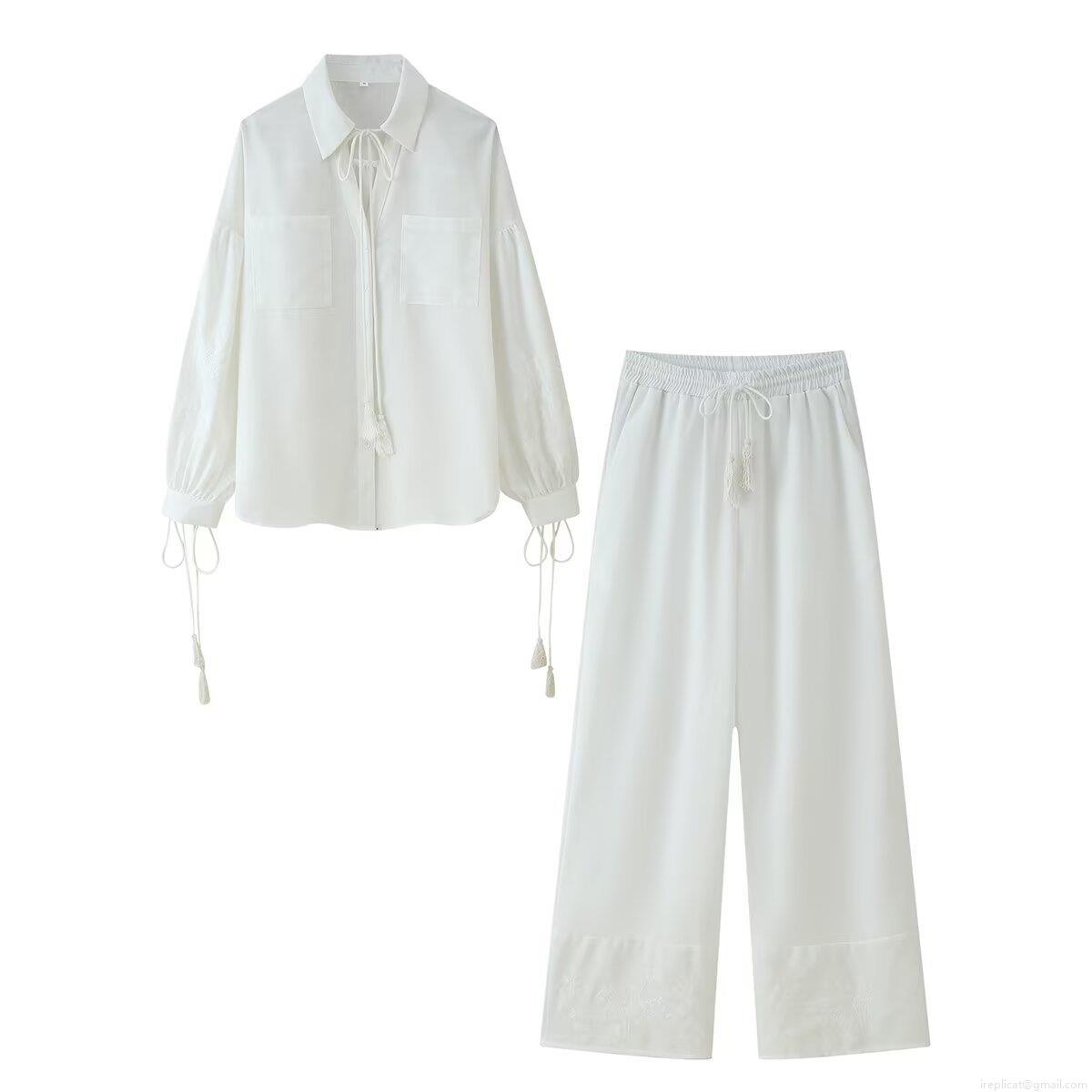 Women's 2 Piece Set Long Sleeve Tassel Lace Up Shirt And Wide Leg Pants Set Bohemian Embroidery Solid Color Polyester Cotton Linen Texture Streetwear Outfits Casual Vacation Daily Wear
