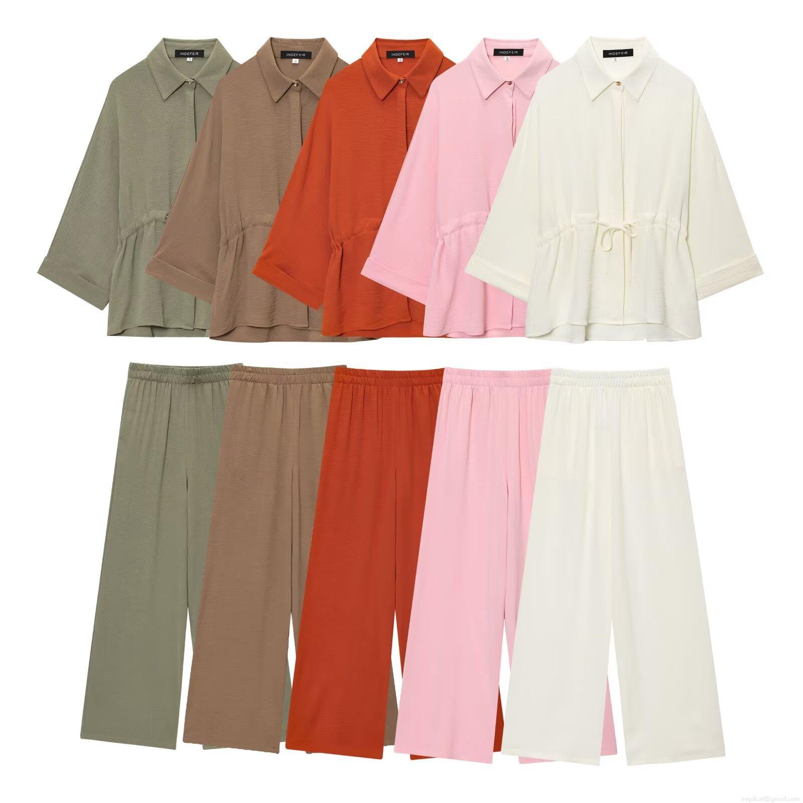 Women's Two Piece Pants Set Casual Loose Drawstring Shirt And Wide Leg Pants Polyester Crinkle Fabric Solid Color Autumn Streetwear Outfits