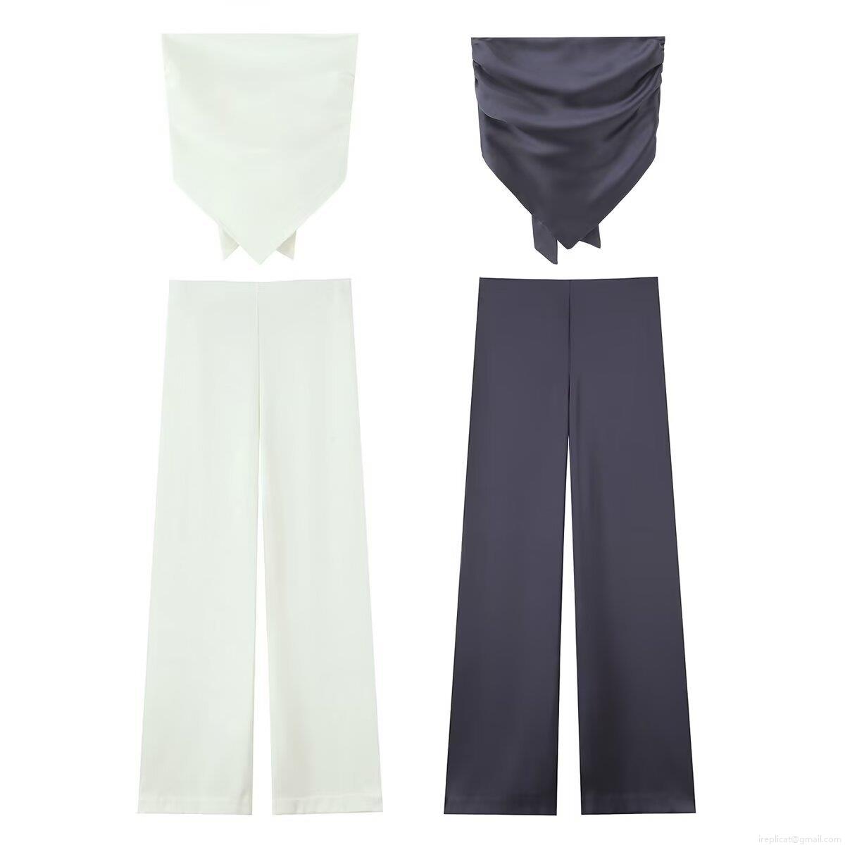 Women's 2 Piece Satin Outfits Tube Top and High Waist Wide Leg Pants Set Solid Color Elegant Streetwear Summer Outfits for Women Party Clubwear
