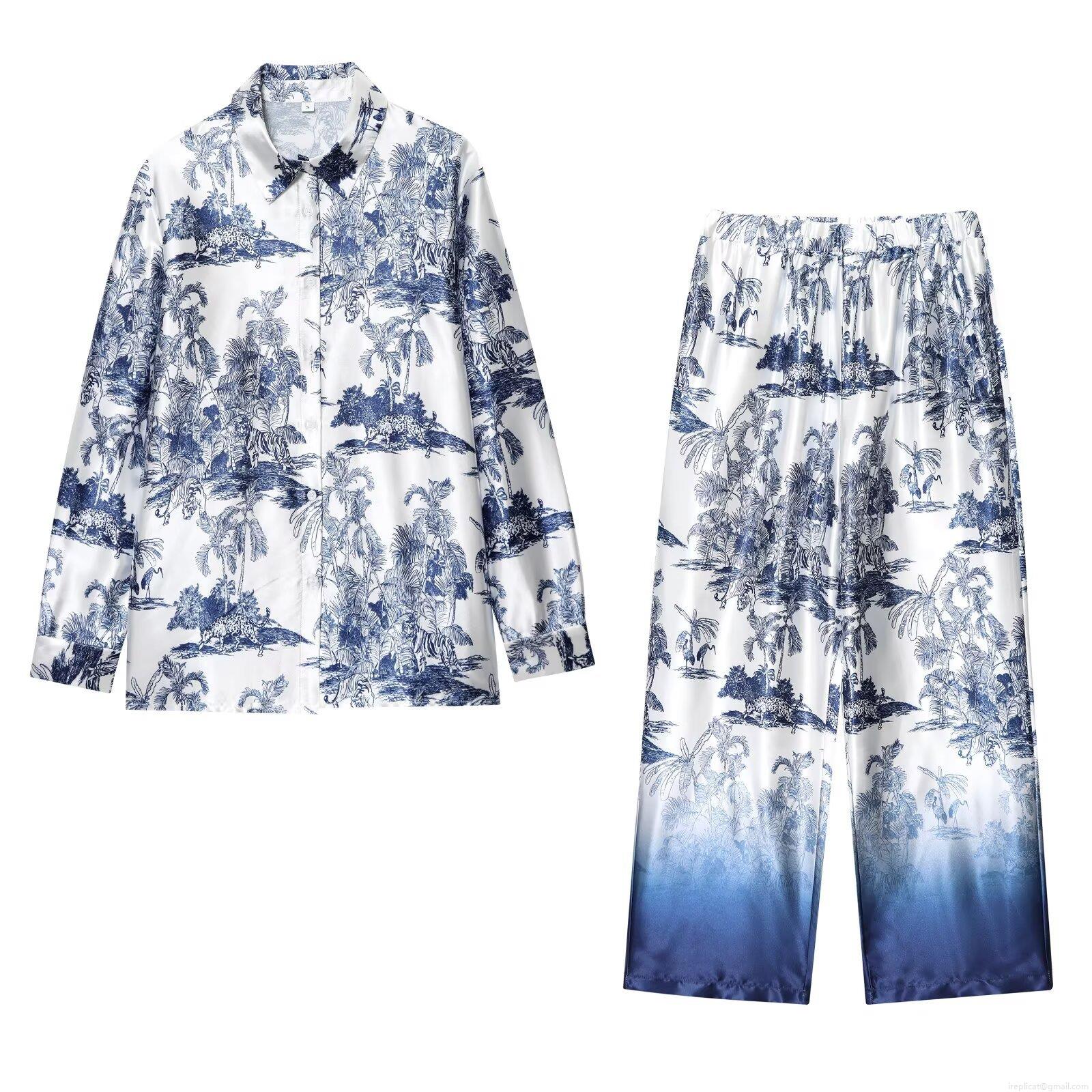 Women's Two Piece Set Toile de Jouy Tropical Jungle Print Long Sleeve Button Down Shirt And Wide Leg Gradient Pants Casual Elegant Vacation Outfits