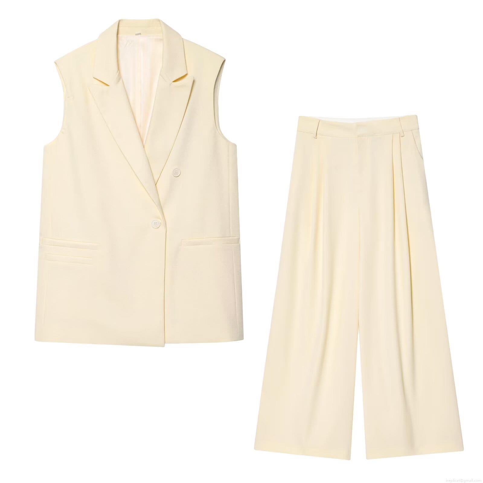 Women's Two-Piece Set Sleeveless Double-Breasted Vest Waistcoat And Pleated Wide-Leg Trousers Polyester Bamboo Slub Office Business Workwear Elegant Streetwear Suit For Lady