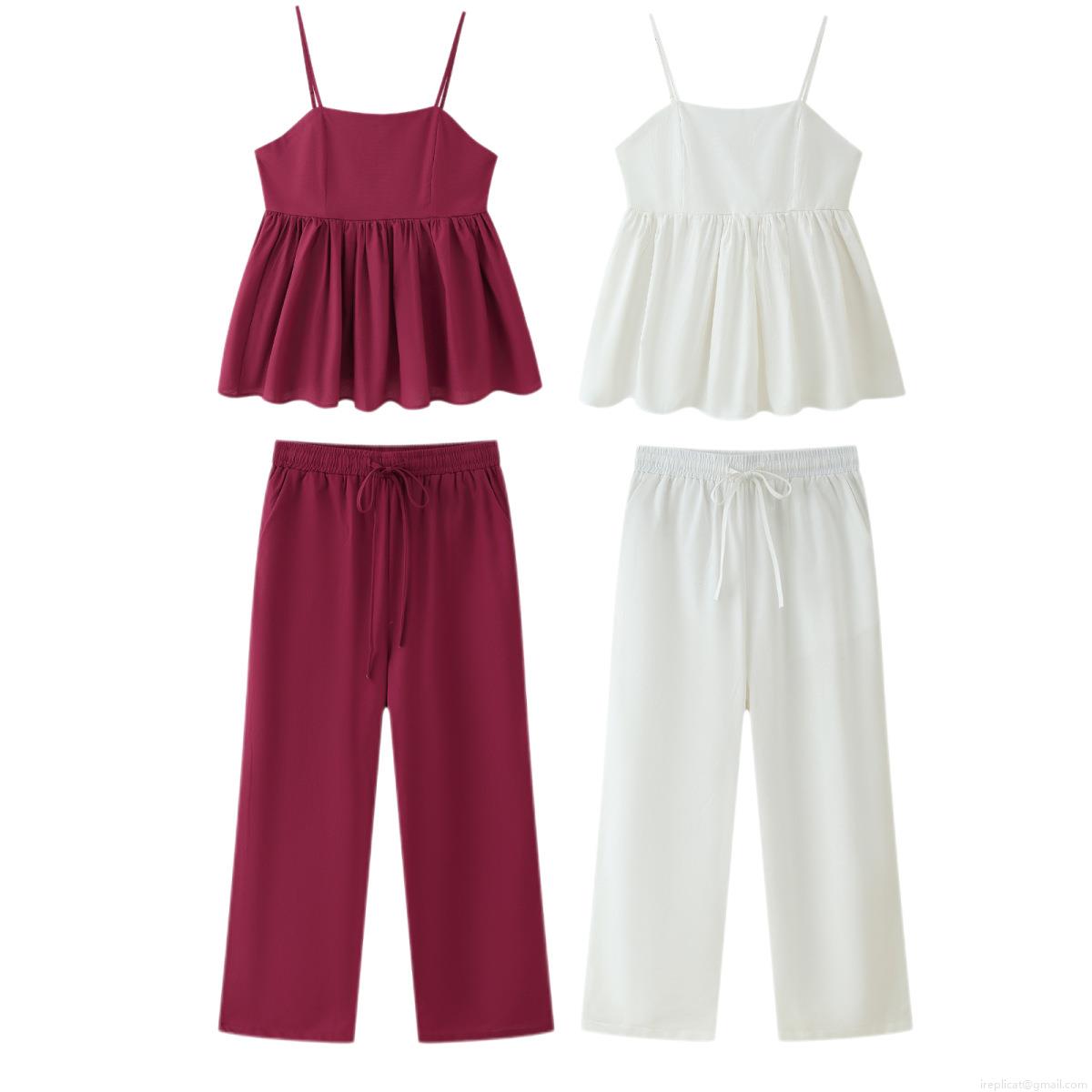 Women's 2 Piece Casual Pants Set Solid Polyester Camisole Ruched Ruffle Hem Top and High Waist Wide Leg Trousers Outfits For Streetwear Vacation Party