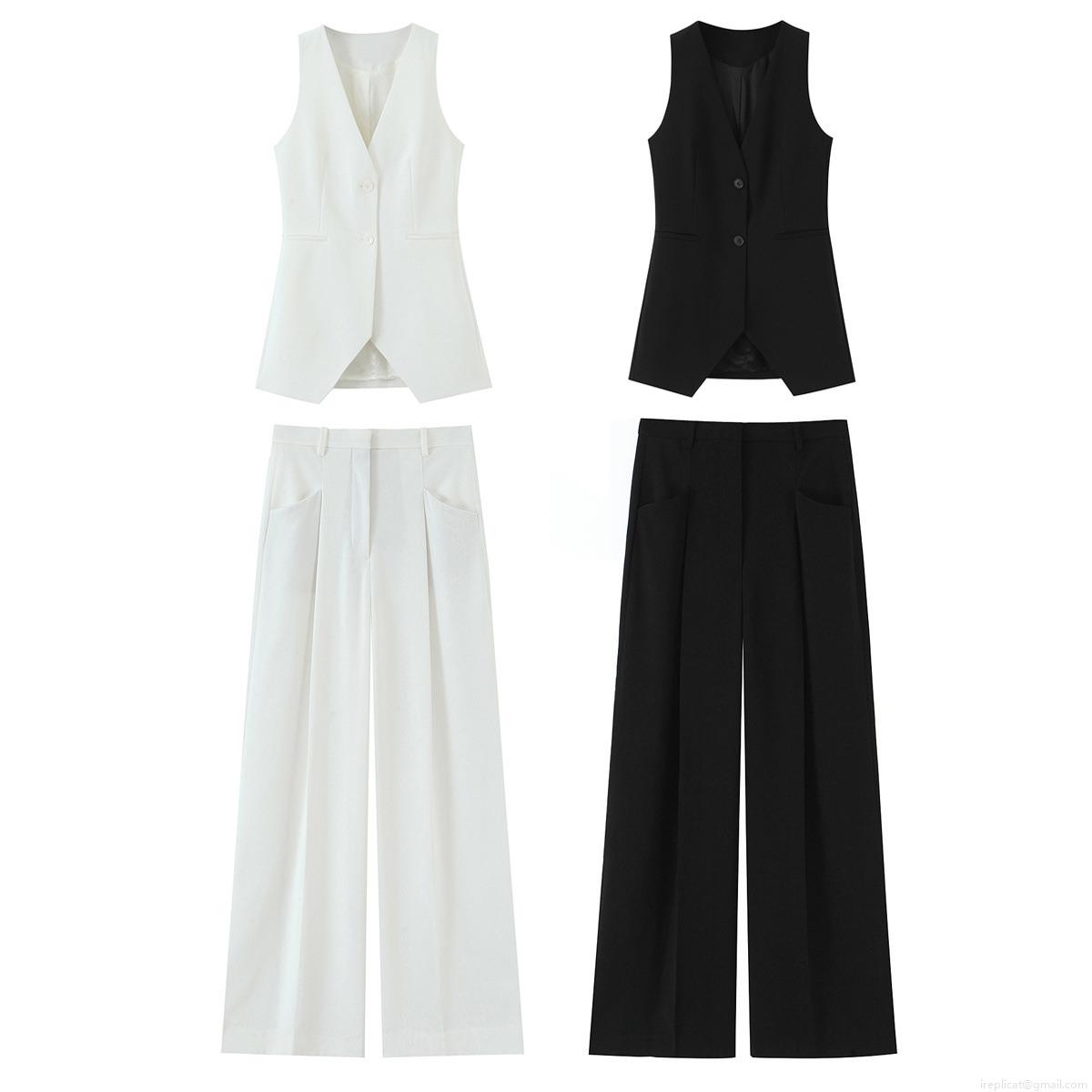 Women's 2 Piece Suit Set Elegant Solid Color Polyester V-Neck Sleeveless Button Waistcoat Vest And High Waist Wide Leg Pants Set Streetwear Casual Outfits For Women