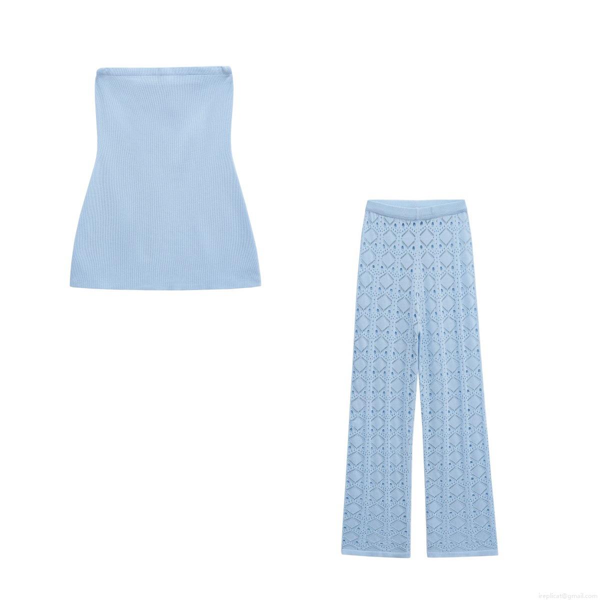 Women's 2-Piece Knit Set Sexy Strapless Ribbed Tube Top and Geometric Hollow Out Wide Leg Pants Light Blue Polyester Sleeveless Summer Vacation Streetwear Co-ords For Ladies