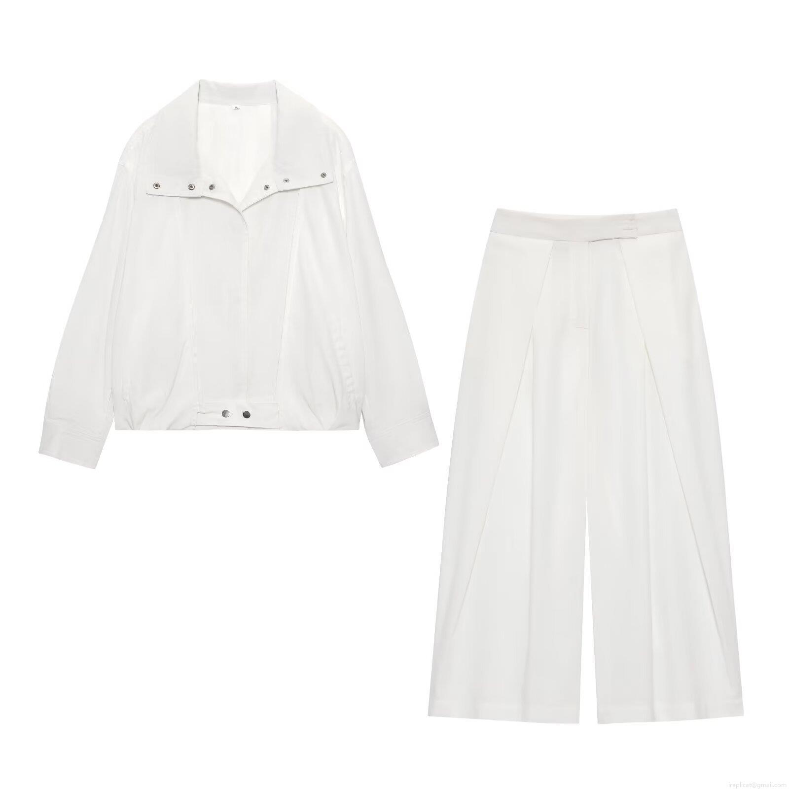 Women's 2-Piece Set Casual Polyester Long Sleeve Zip Up Pilot Jacket And High Waisted Wide Leg Pleated Pants Streetwear Fashion Solid White Autumn Outerwear Outfit Women's 2-Piece Set Casual Polyester Long Sleeve Zip Up Pilot Jacket And High Waisted Wide Leg Pleated Pants Streetwear Fashion Solid White Autumn Outerwear Outfit