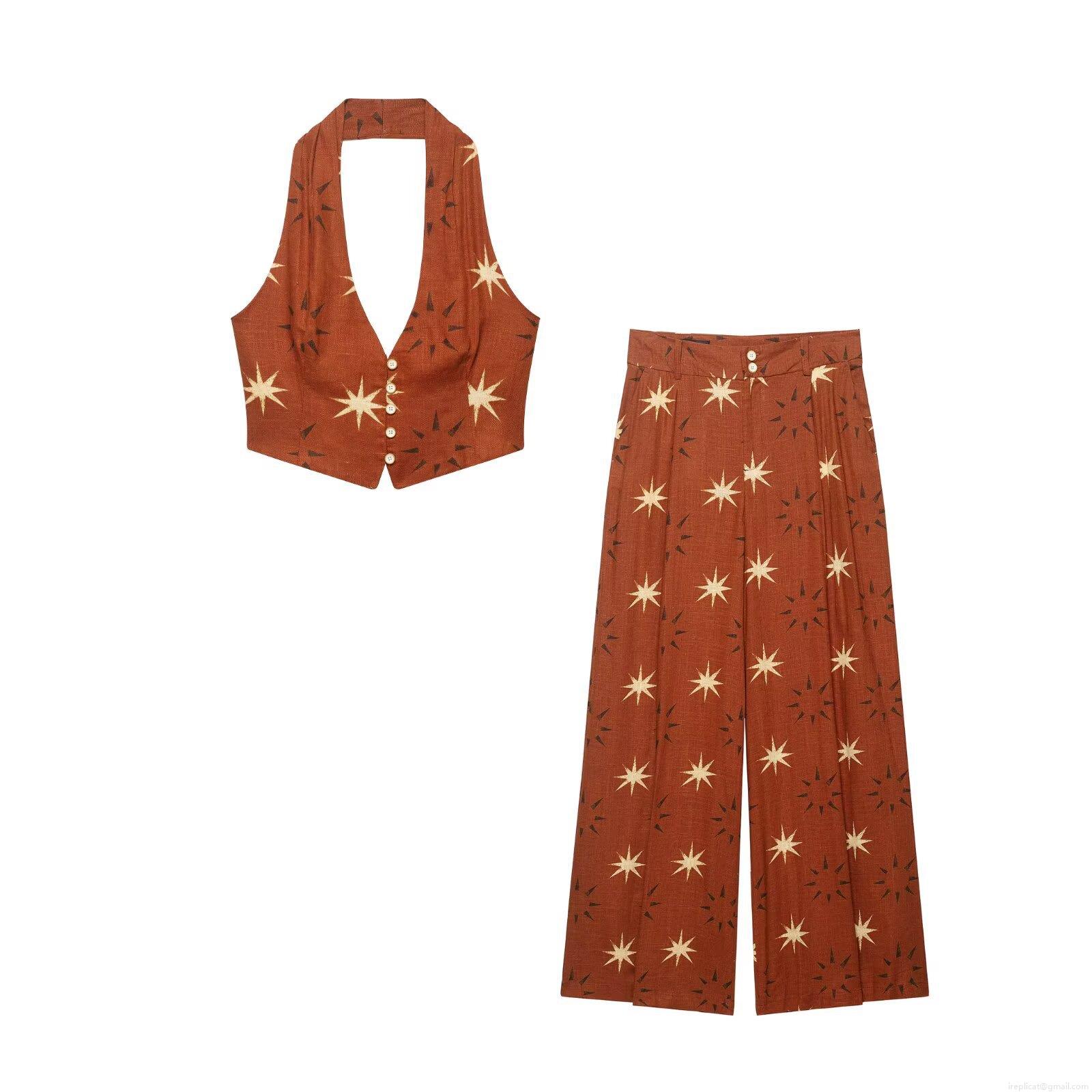 Women's 2 Piece Set Retro Halter Neck Star Print Sleeveless Top And High Waist Wide Leg Pants Polyester Cotton Blend Casual Streetwear Vacation Outfits For Women