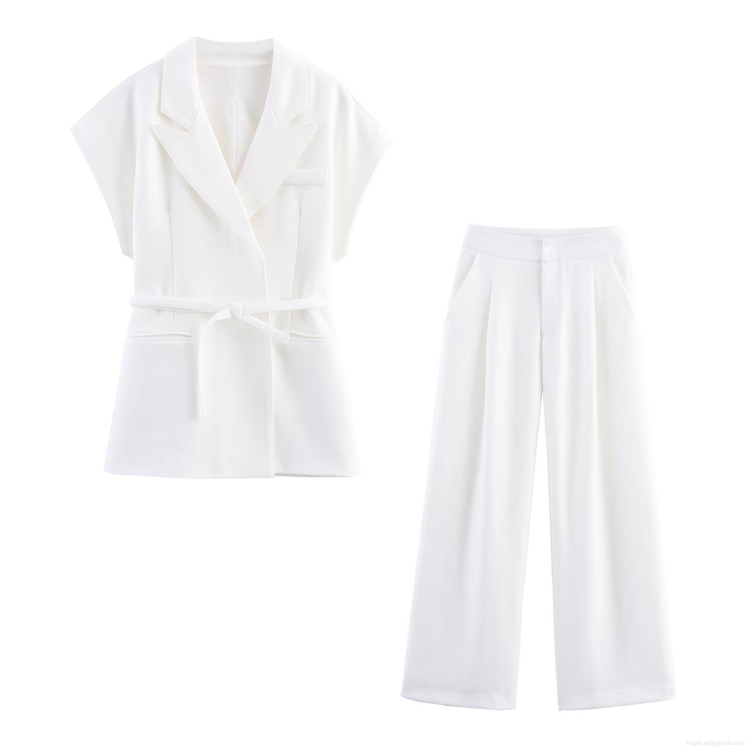 Women Western Style Sleeveless Vest With Belt And Wide Leg Pleated Pants Linen Blend Two Piece Casual Suit For Office White