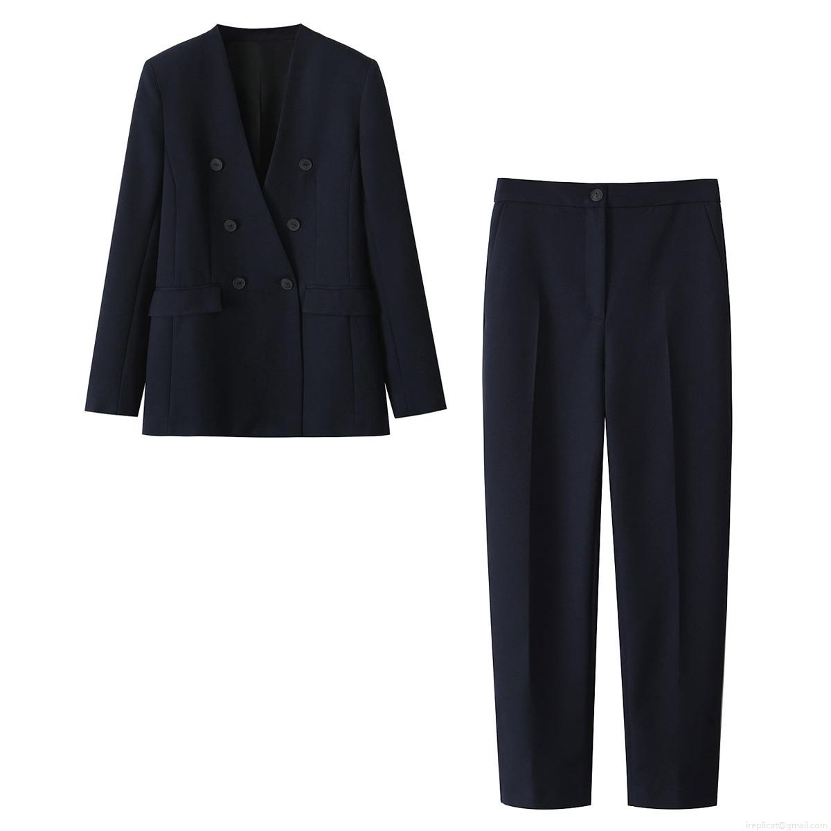 Women's Business Casual Polyester Suit Set Navy Blue Double Breasted V-Neck Blazer And Straight Leg Trousers Two Piece Set Office Lady Streetwear Autumn Outfits Women's Business Casual Polyester Suit Set Navy Blue Double Breasted V-Neck Blazer And Straight Leg Trousers Two Piece Set Office Lady Streetwear Autumn Outfits