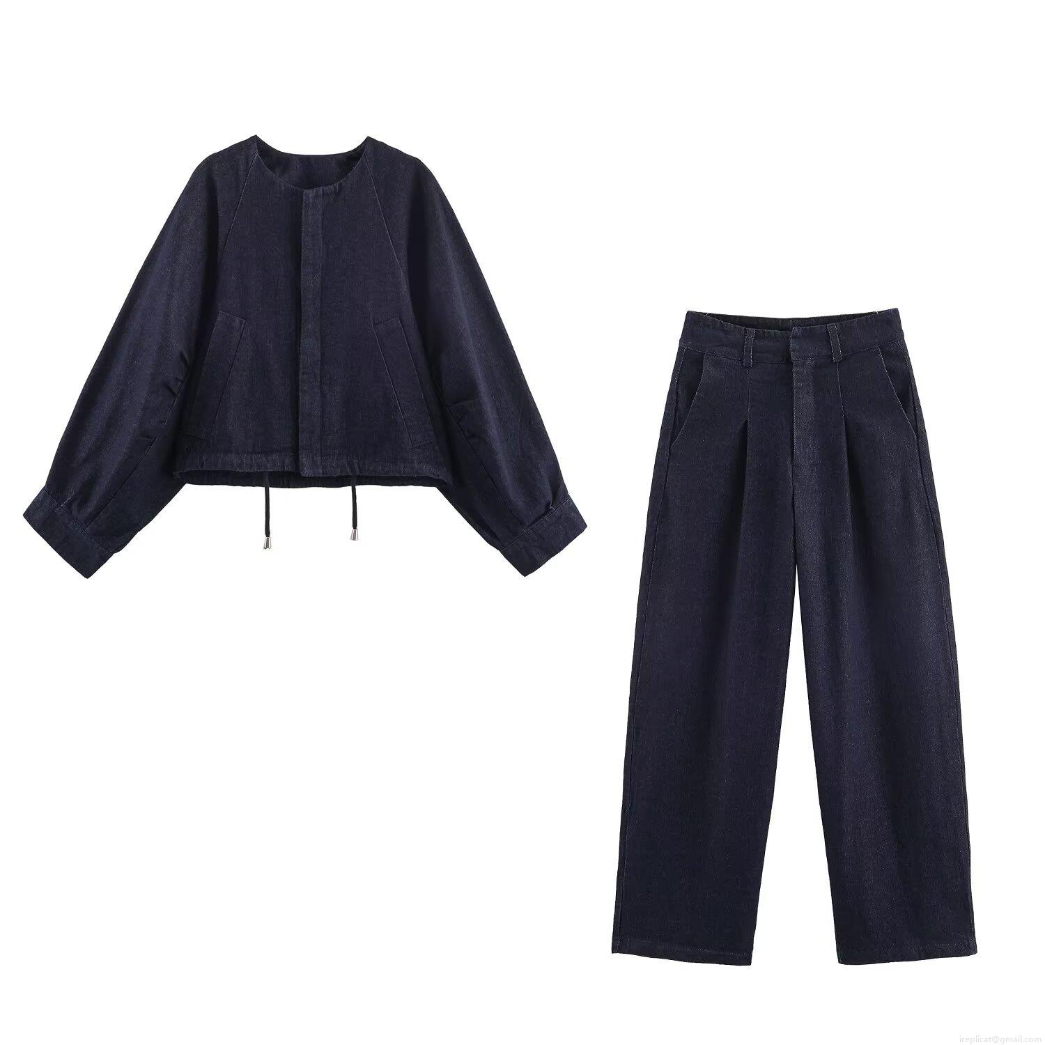 Women Casual Denim 2 Piece Set Round Neck Drawstring Short Jacket And High Waist Wide Leg Pants Set Solid Deep Blue Cotton Blend Streetwear Outfits