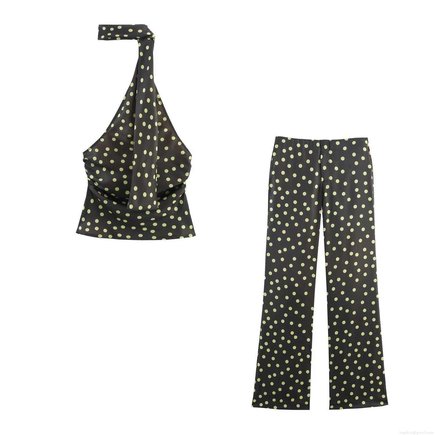 Women's Elegant 2-Piece Set Polka Dot Print Silk Satin Texture Halter Neck Scarf Top And High Waist Flare Leg Pants Backless Streetwear Outfits