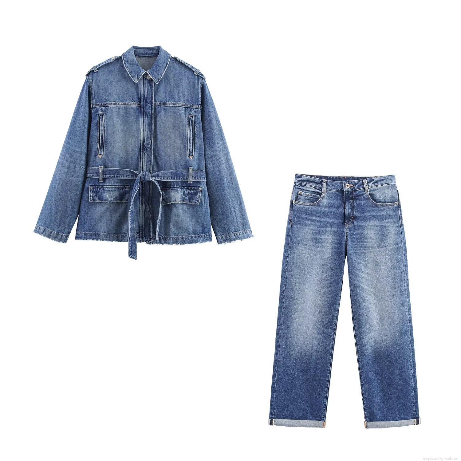 Women's Autumn Denim Two-Piece Set Fashion Streetwear Long Sleeve Lapel Jacket With Waist Belt And Straight Leg Jeans Casual Denim Outfit Blue