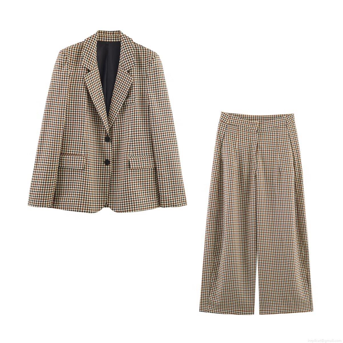 Women's Vintage Plaid Blazer and Wide Leg Pants Set 2-Piece Woven Polyester Houndstooth Checked Suit Outfit for Office Casual Streetwear