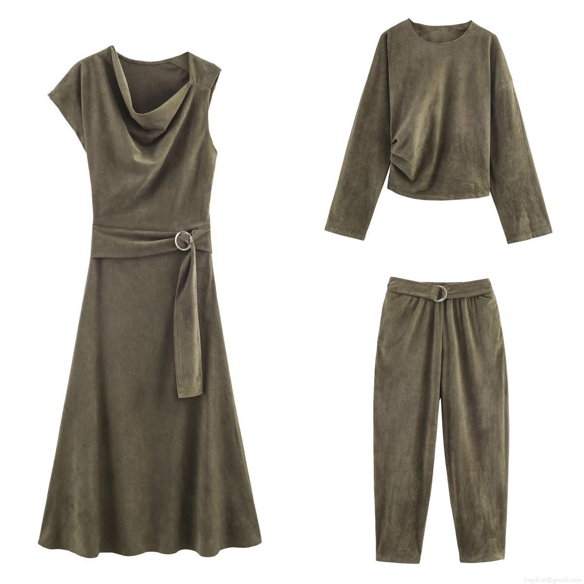 Women's 3-Piece Faux Suede Casual Set Long Sleeve Round Neck Top Asymmetrical Sleeveless Dress Belted Balloon Pants Streetwear Autumn Olive Green