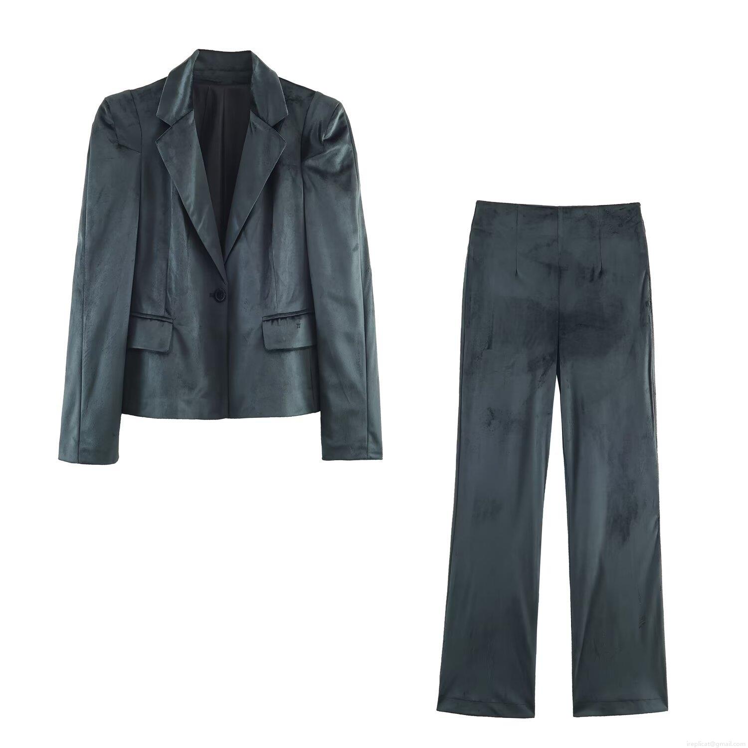 Women's Elegant Velvet Two Piece Suit Set Notched Lapel Single Button Blazer Jacket And High Waist Flared Pants Office Party Streetwear Tracksuit