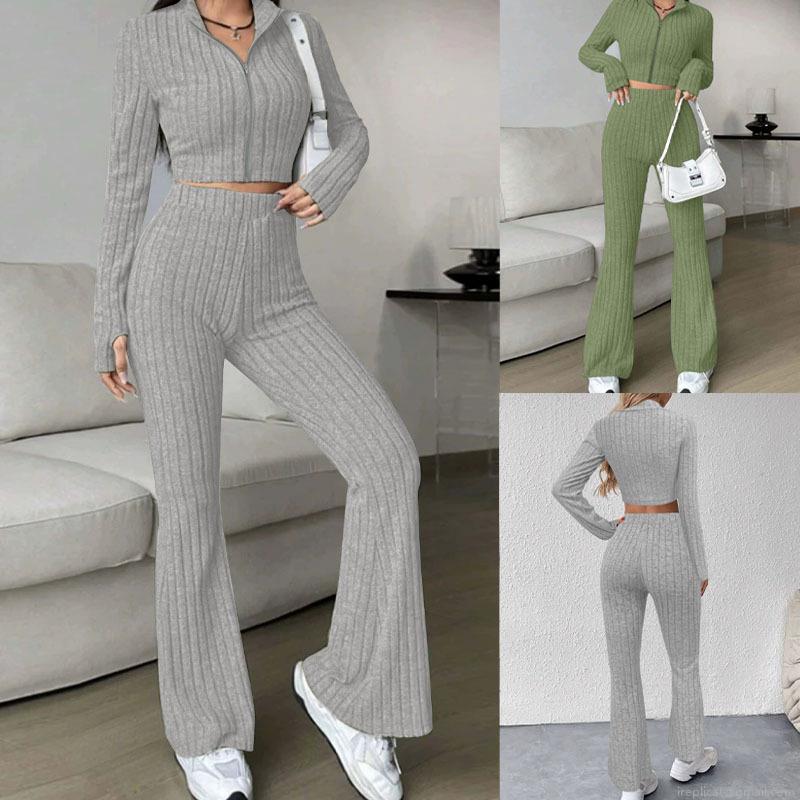 Women 2 Piece Ribbed Knit Set Long Sleeve Zip Up Cardigan Top High Waisted Flare Pants Casual Tracksuit Solid Color Autumn Winter Loungewear Outfit