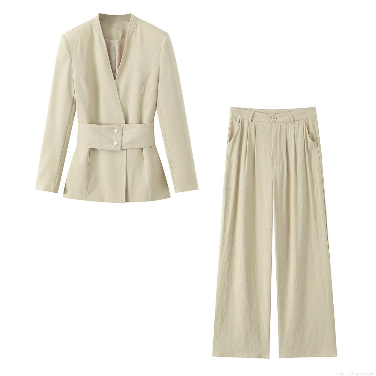 Elegant Women's Office Suit Set With Waist Belt Long Sleeve Blazer And Wide Leg Pants Polyester Spandex Solid Color Two Piece Outfits For Commuter