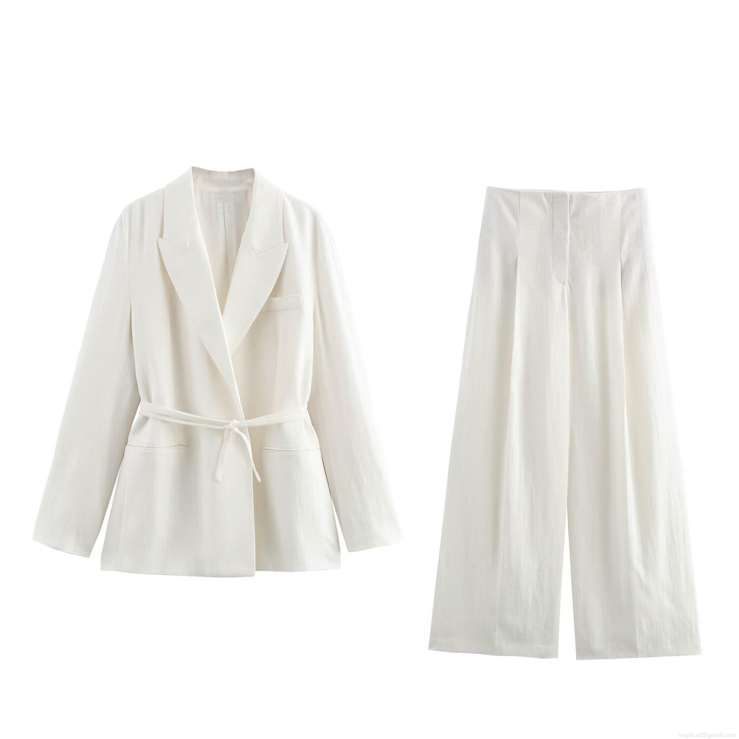 Women's Elegant Two Piece Blazer Set Solid White Polyester Spandex Blend Tie Waist Long Sleeve Jacket And High Waist Wide Leg Trousers For Office Commuting
