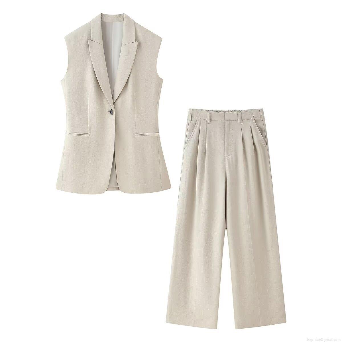 Women's Minimalist Two-Piece Set Sleeveless Shoulder Pad Blazer Vest And High Waist Wide Leg Pleated Pants Office Commute Khaki Woven Suit
