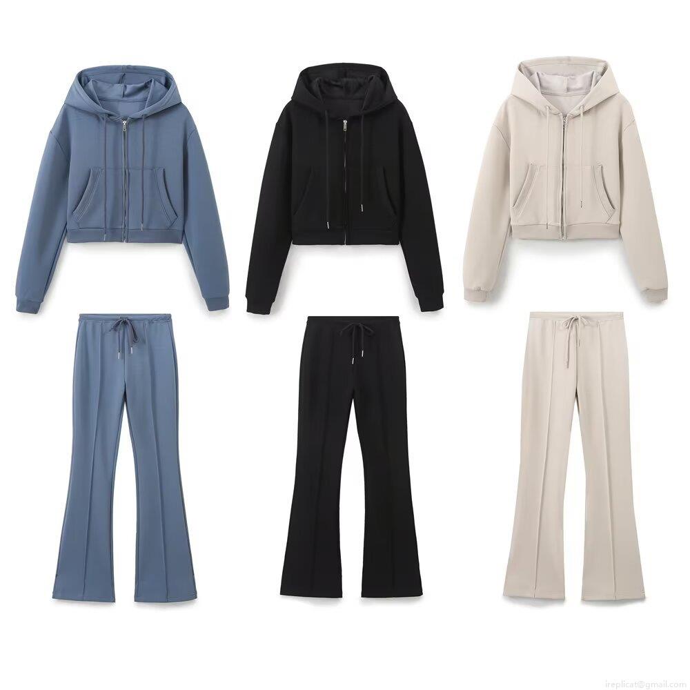 Women Casual Cotton Blend Set Cropped Zipper Hoodie And High Waist Flare Pants Sporty Ribbed Knit Outfit For Daily Spring