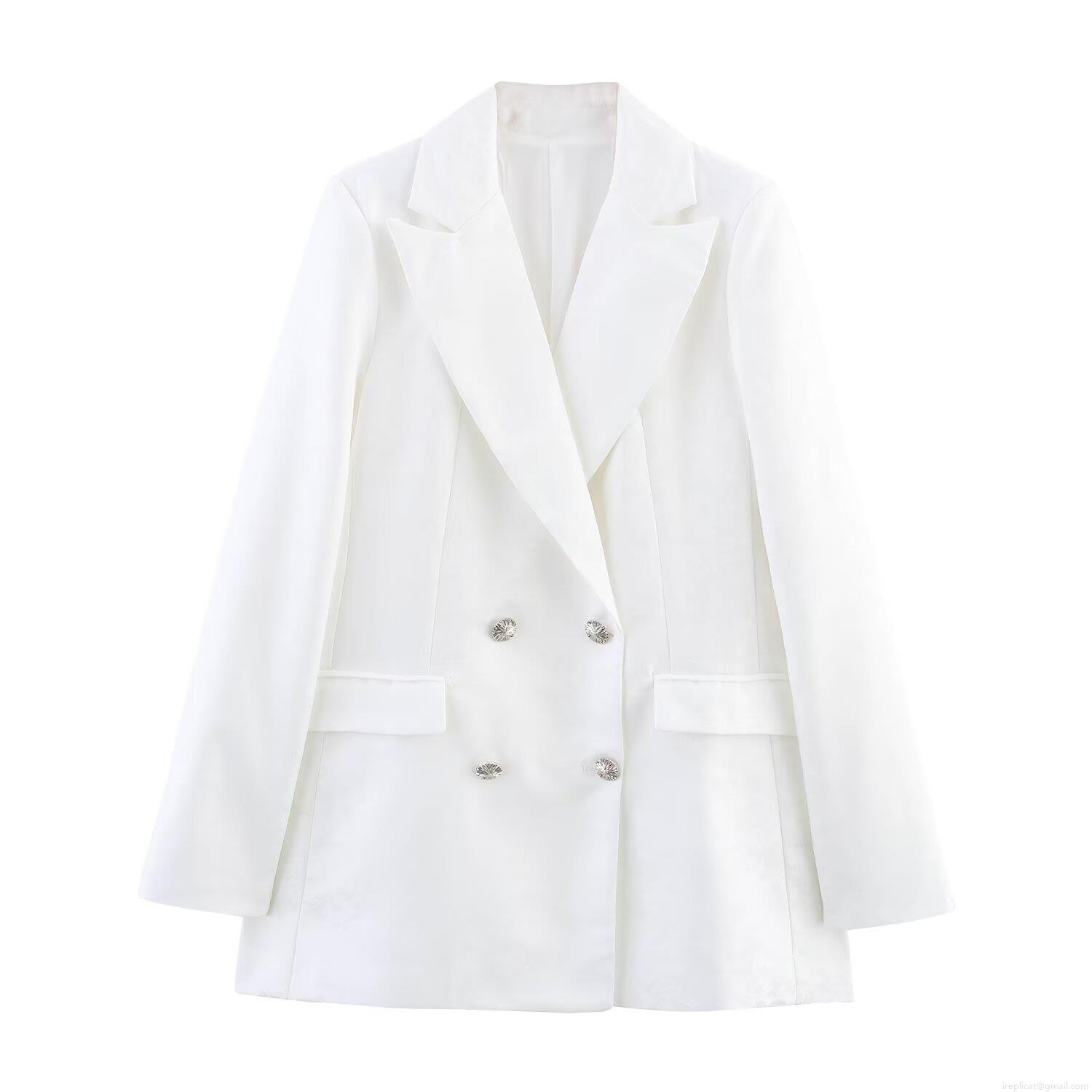 Elegant White Jacquard Blazer and Wide Leg Pants Two Piece Set Women's Summer Double Breasted Suit With Silver Buttons Office Lady Commute Formal Outfits