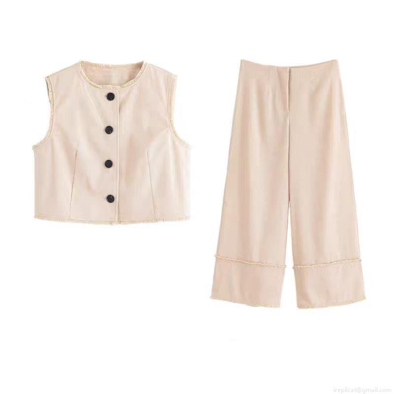 Women's Casual Sleeveless Vest and Wide Leg Pants Set Polyester Spandex Blend Fringed Raw Edge Waistcoat Loose Trousers Summer Co-ords For Women
