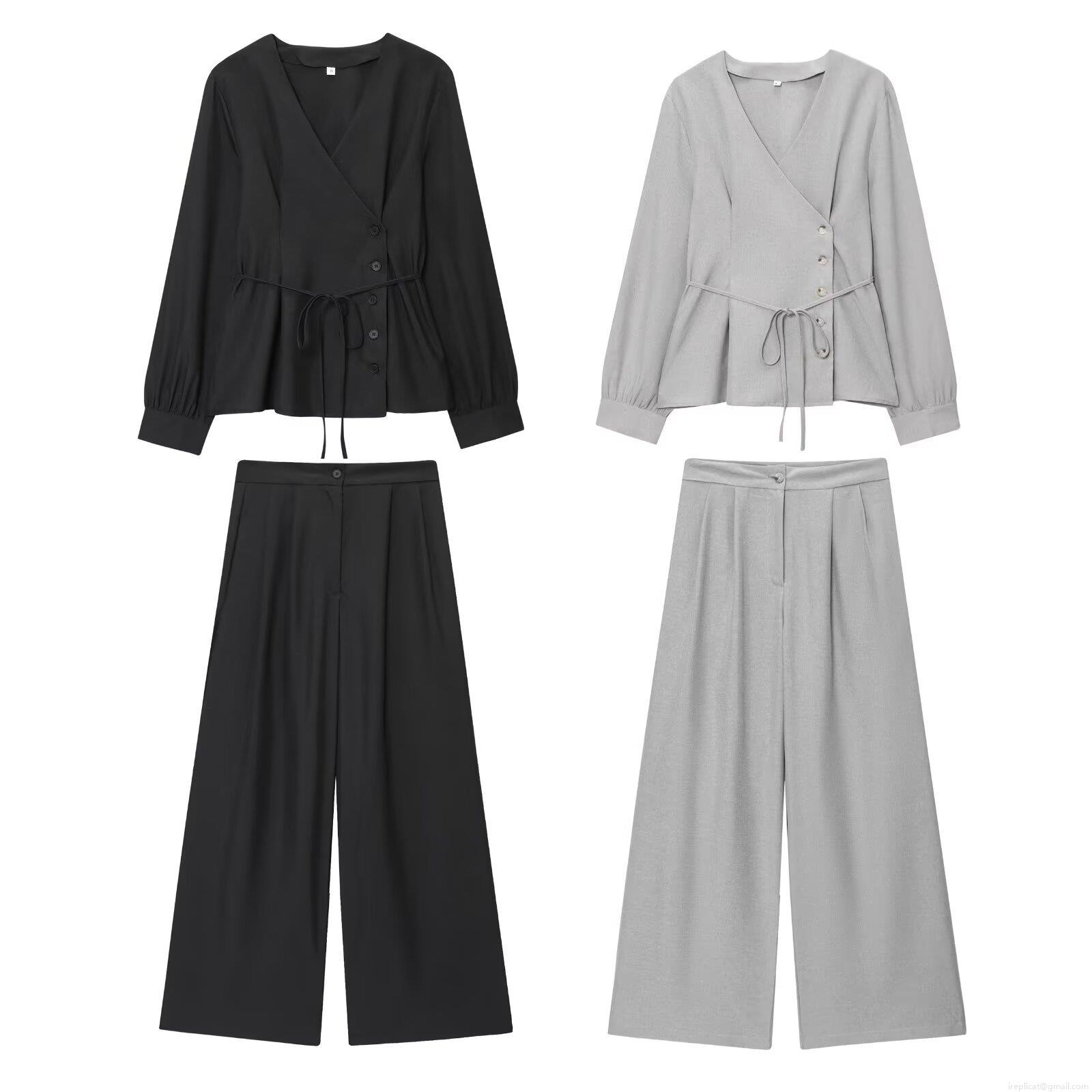 Women's Casual Two Piece Set V Neck Irregular Tie Waist Long Sleeve Wrap Top and High Waist Pleated Wide Leg Straight Pants Co-ords for Women Daily Work Office Wear Summer Autumn