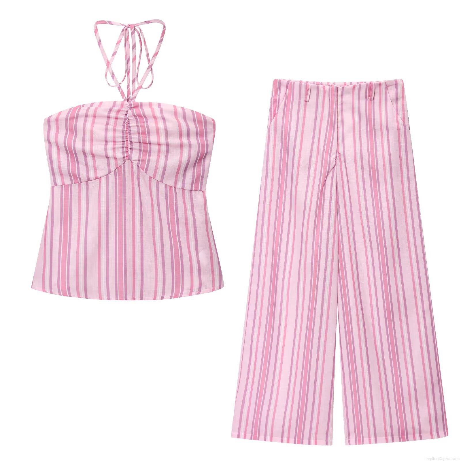 Women 2 Piece Summer Outfits Sexy Halter Neck Crop Top And High Waist Wide Leg Pants Set Fashion Pink Purple Vertical Stripe Print Co-ords For Vacation Beach