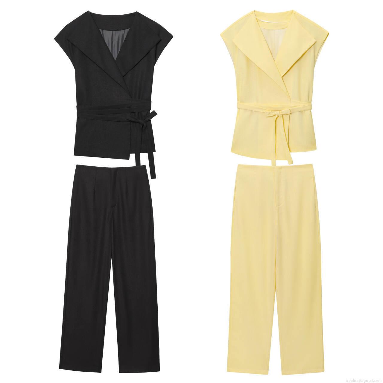 Women's Fashion Sleeveless V-Neck Tie-Waist Vest And Wide-Leg Pants Two-Piece Set Casual Solid Color Polyester Linen Summer Outfit For Daily Office Wear