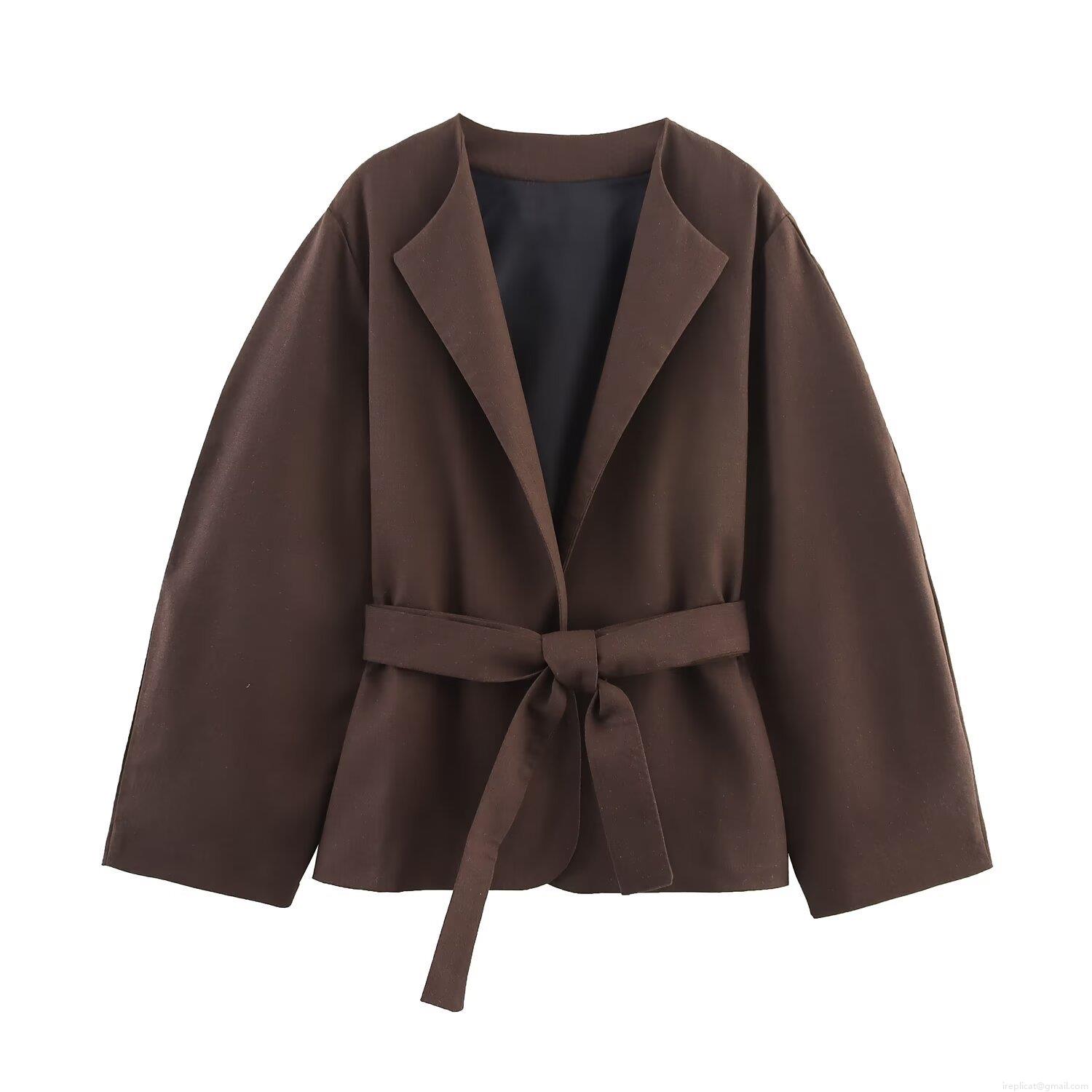 Women's Casual Linen Blend Kimono Style Top and Trousers Two-Piece Set Solid Color Long Sleeve Belted Outwear Wide Leg Pants Office Commuting Autumn Suit