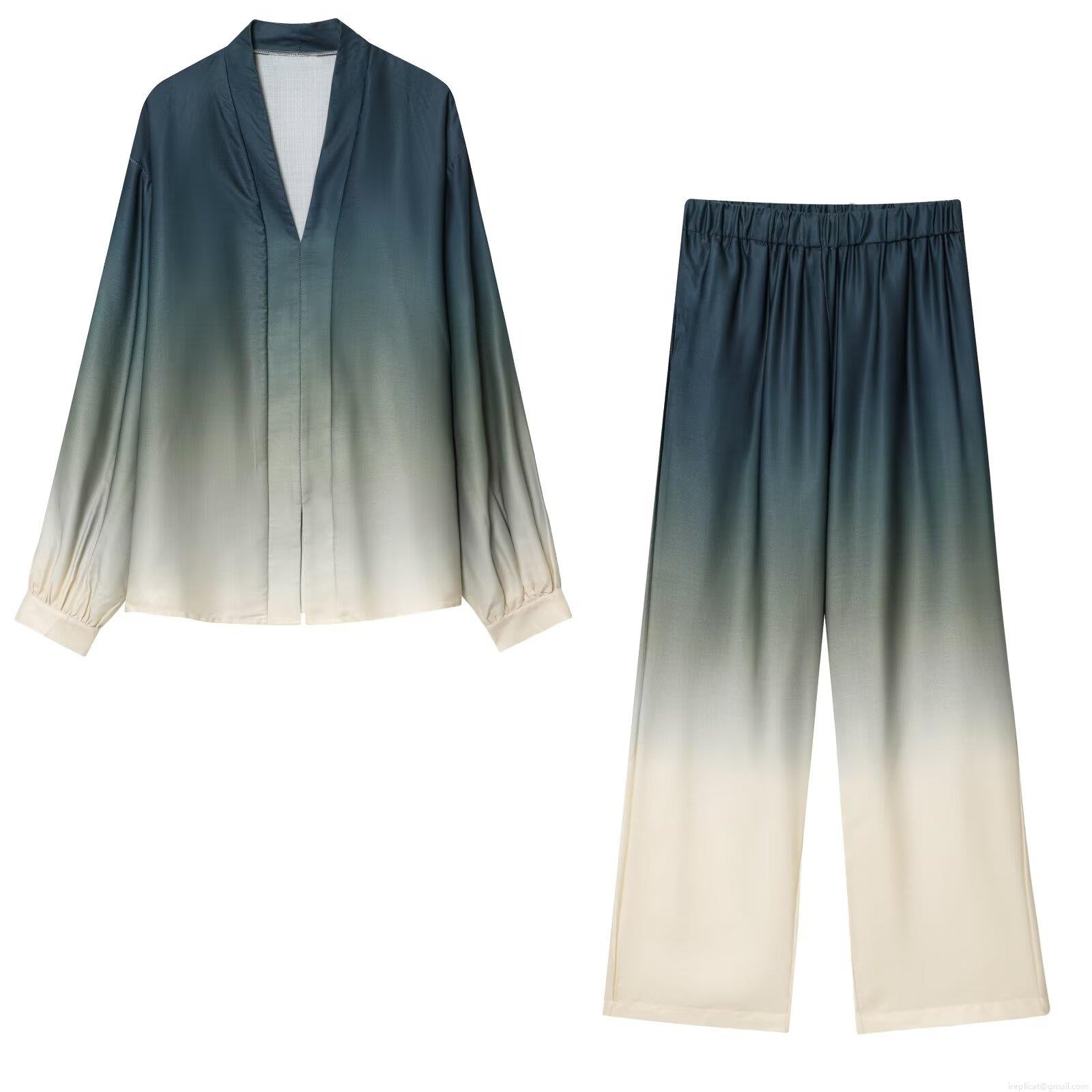 Women's Gradient Print Two-Piece Pants Set Elegant V-Neck Long Sleeve Shirt And Wide Leg Trousers Polyester Spandex Casual Outfits