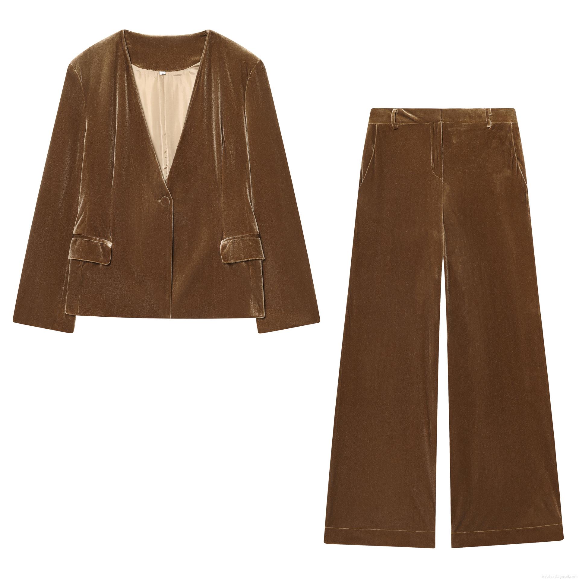 Women Luxury Velvet Suit Set 2 Piece Outfits Vintage V-Neck Single Button Blazer and High Waist Flare Pants Set Brown Bronze Casual Streetwear Clothing