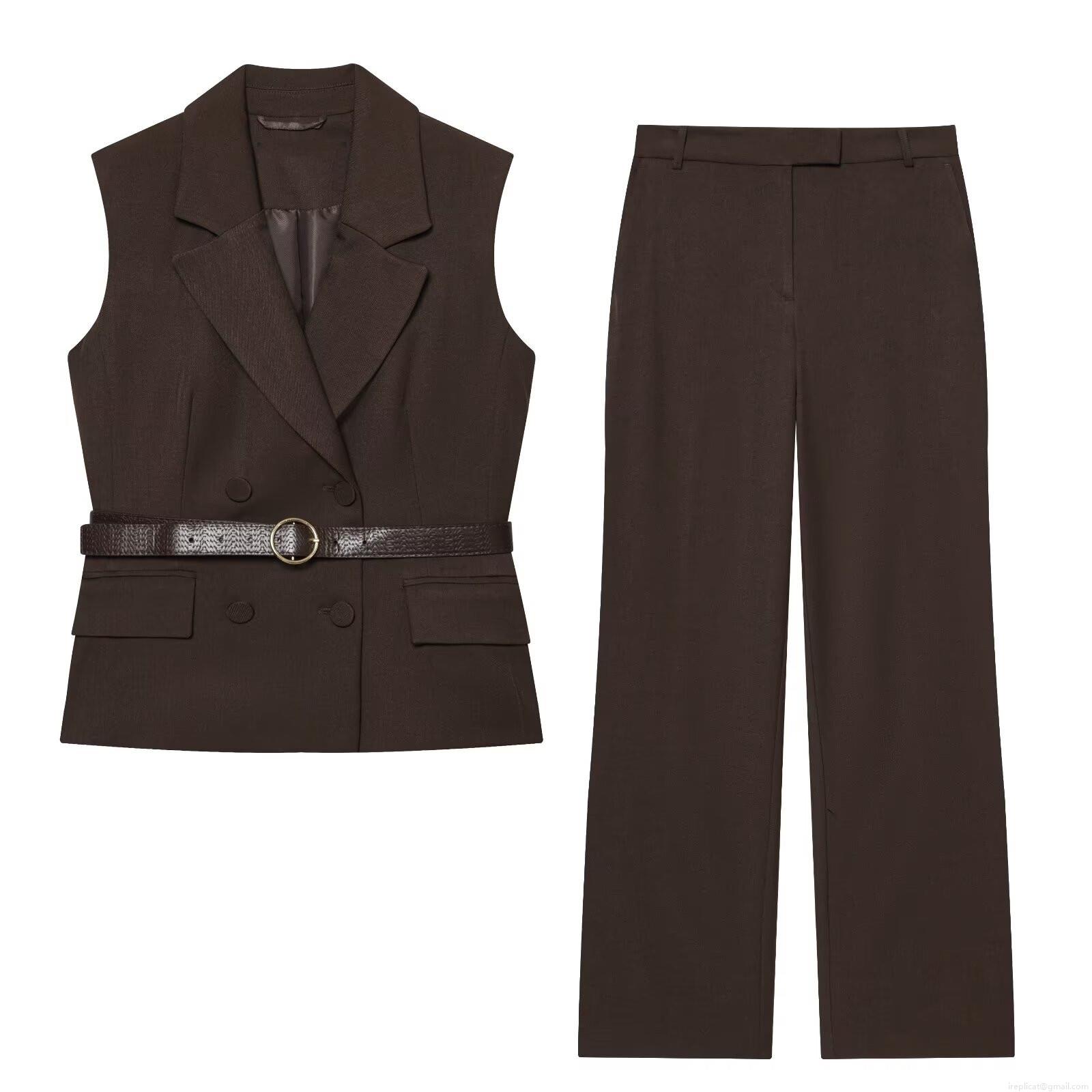 Women's Elegant Two-Piece Suit Set Sleeveless Double-Breasted Vest and High-Waist Wide-Leg Pants With Belt Polyester Spandex Outfit for Office Commuter Autumn