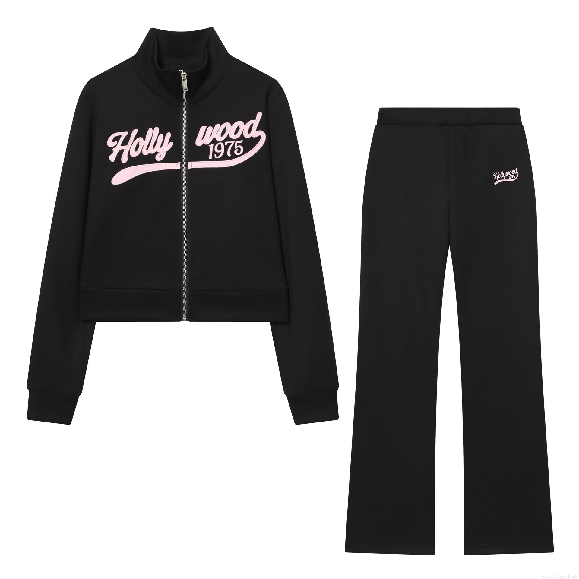Women's Two Piece Set Hollywood 1975 Embroidery Stand Collar Zip Up Sweatshirt Top And Flared Pants Tracksuit Streetwear Casual Sportswear