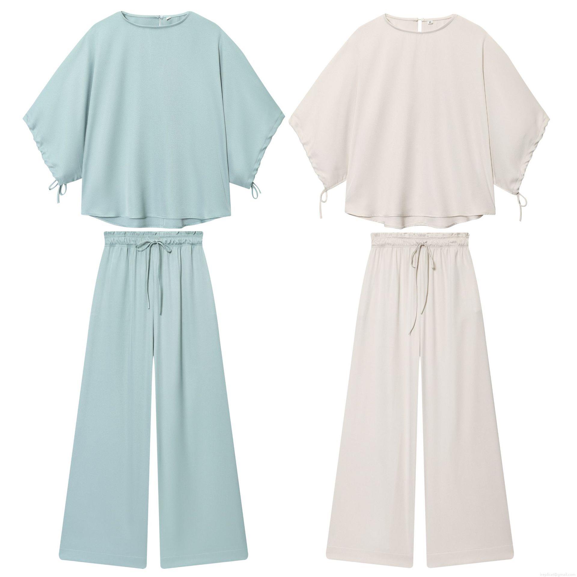Women Casual Polyester Two-Piece Set Puff Sleeve Round Neck Top And High Waist Wide Leg Drawstring Pants Lounge Wear Solid Color Comfortable Streetwear Outfits