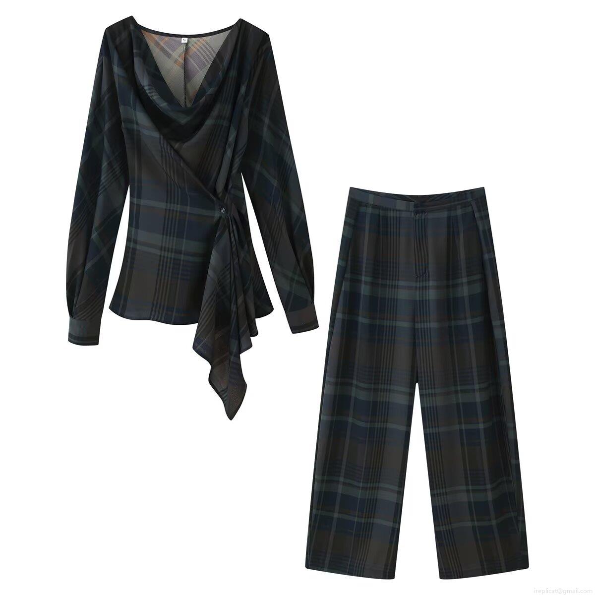 Women Casual Plaid Two Piece Set Cowl Neck Asymmetrical Draped Long Sleeve Top And Wide Leg Balloon Pants Streetwear Outfits