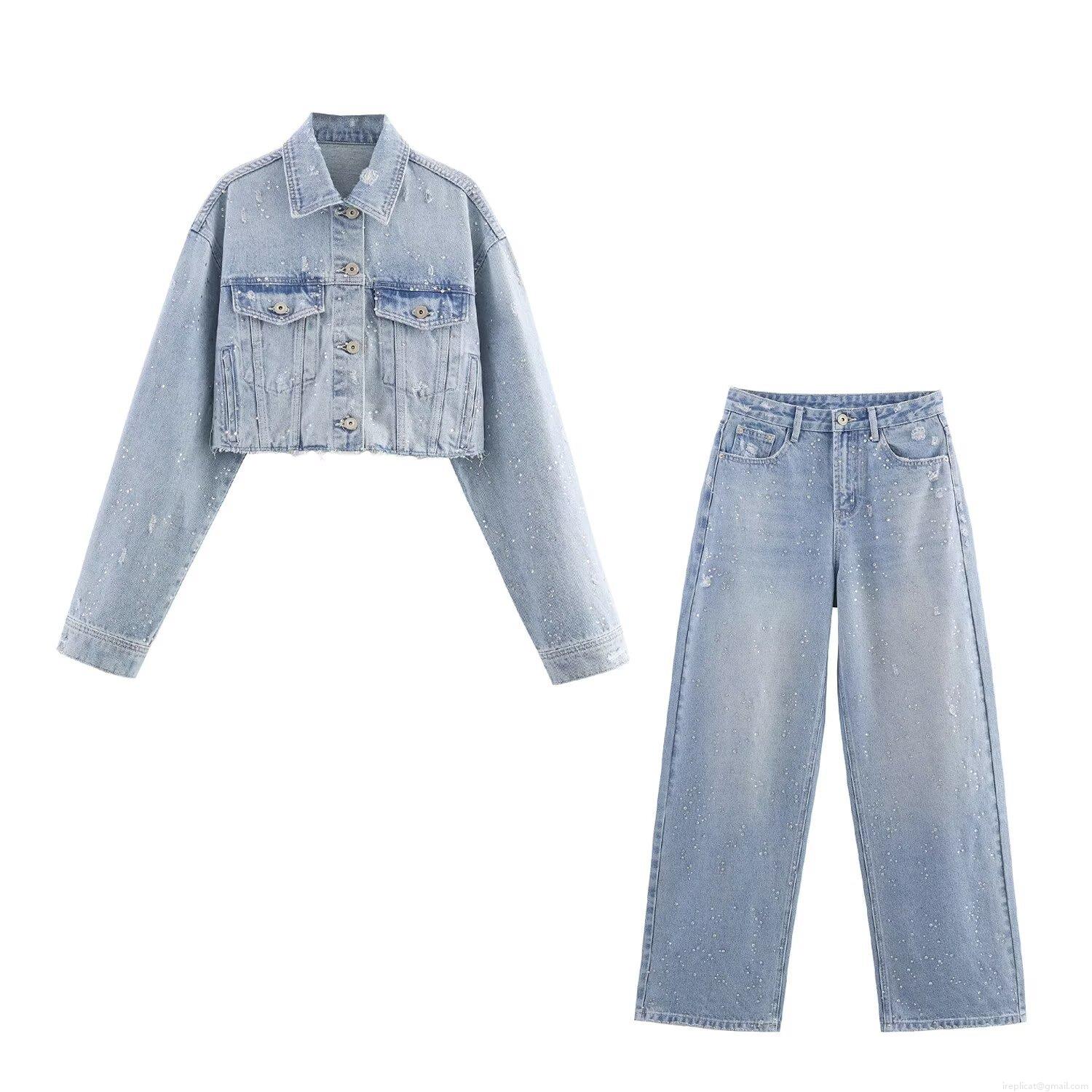 Women Rhinestone Denim Jacket High Waist Straight Leg Jeans Set Light Blue Washed Distressed Denim Outfits For Daily Casual Party Fashion Suits Women Rhinestone Denim Jacket High Waist Straight Leg Jeans Set Light Blue Washed Distressed Denim Outfits For Daily Casual Party Fashion Suits
