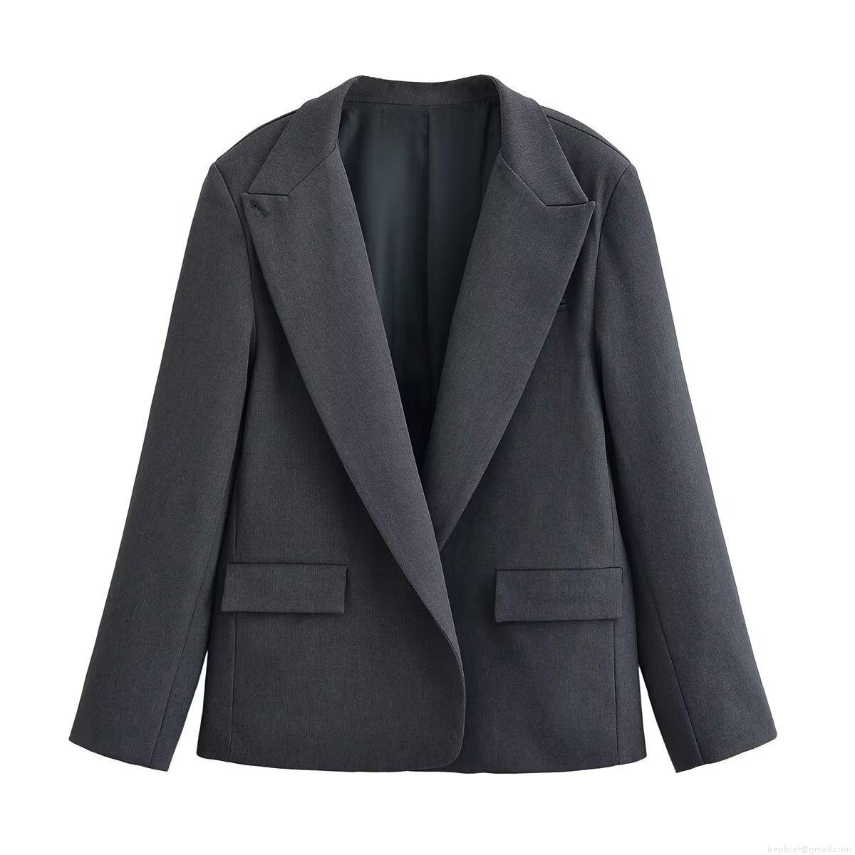 Elegant Women's 100% Polyester Blazer Pants Set Single Breasted Dark Grey Pinstripe Wide Leg Trousers Professional Office Business Commuter Suit
