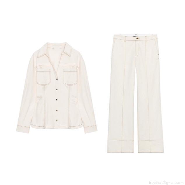 Women's Casual 2-Piece Set Contrast Stitching Long Sleeve Shirt and Flare Pants Workwear Style Off-White Polyester Cotton Blend Elegant Autumn Winter Outfit for Women