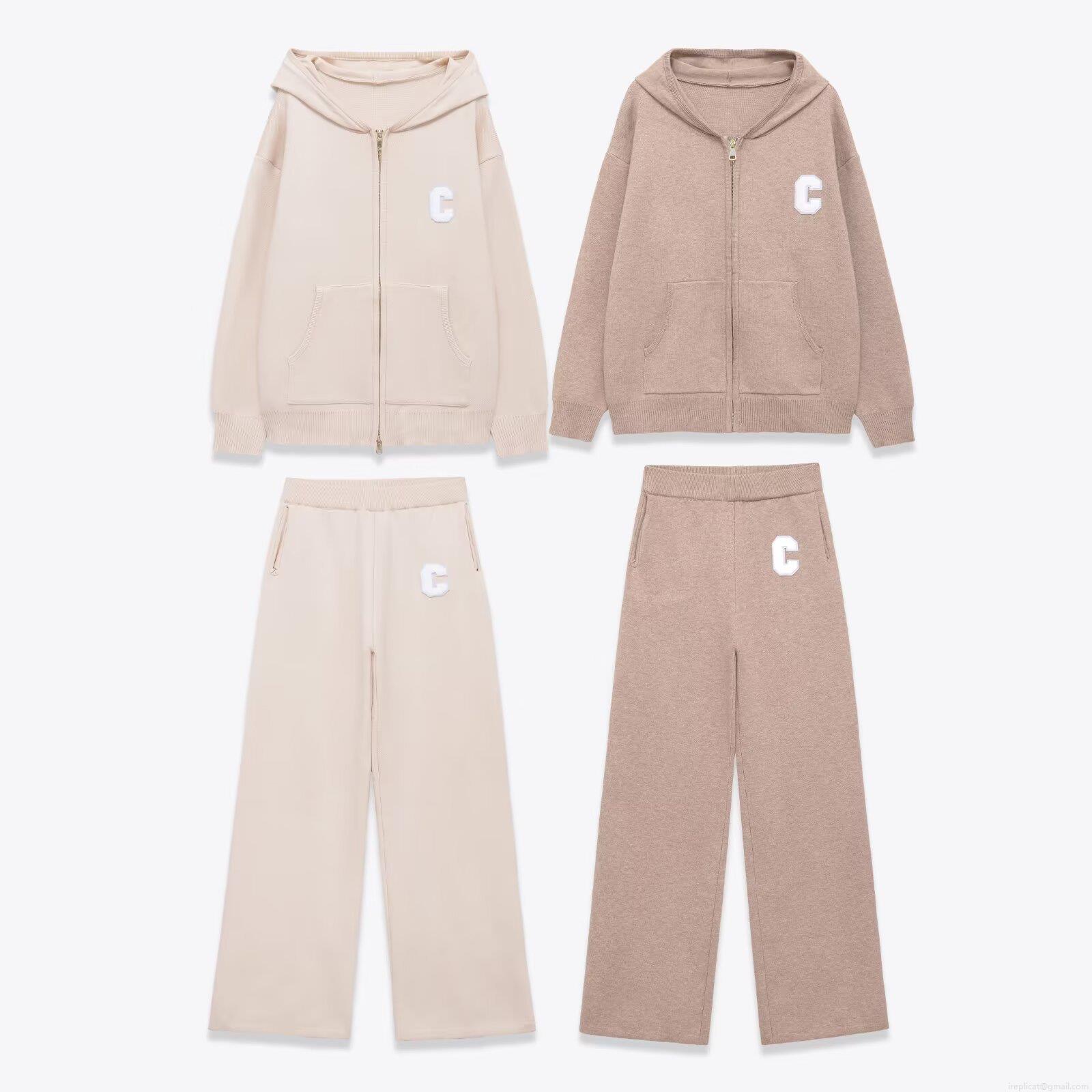 Women Casual Knit Two Piece Set Hooded Zipper Cardigan Jacket And Wide Leg Pants Polyester Spandex Soft Warm Outfits For Autumn Winter Daily Wear