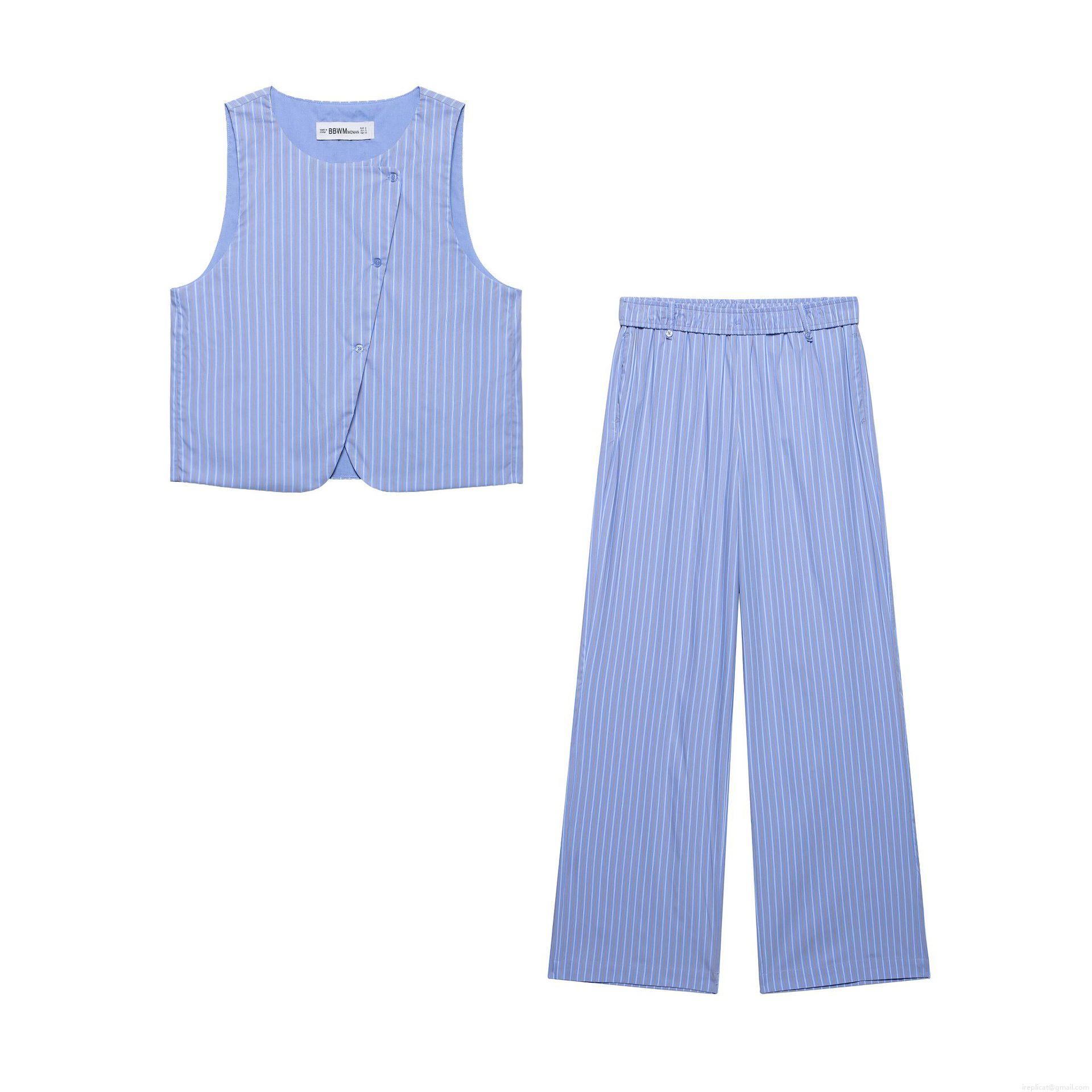 Women's Two Piece Set Vertical Striped Woven Polyester Vest Top and Wide Leg Straight Pants Casual Western Style Sleeveless Outfits Blue White Women's Two Piece Set Vertical Striped Woven Polyester Vest Top and Wide Leg Straight Pants Casual Western Style Sleeveless Outfits Blue White