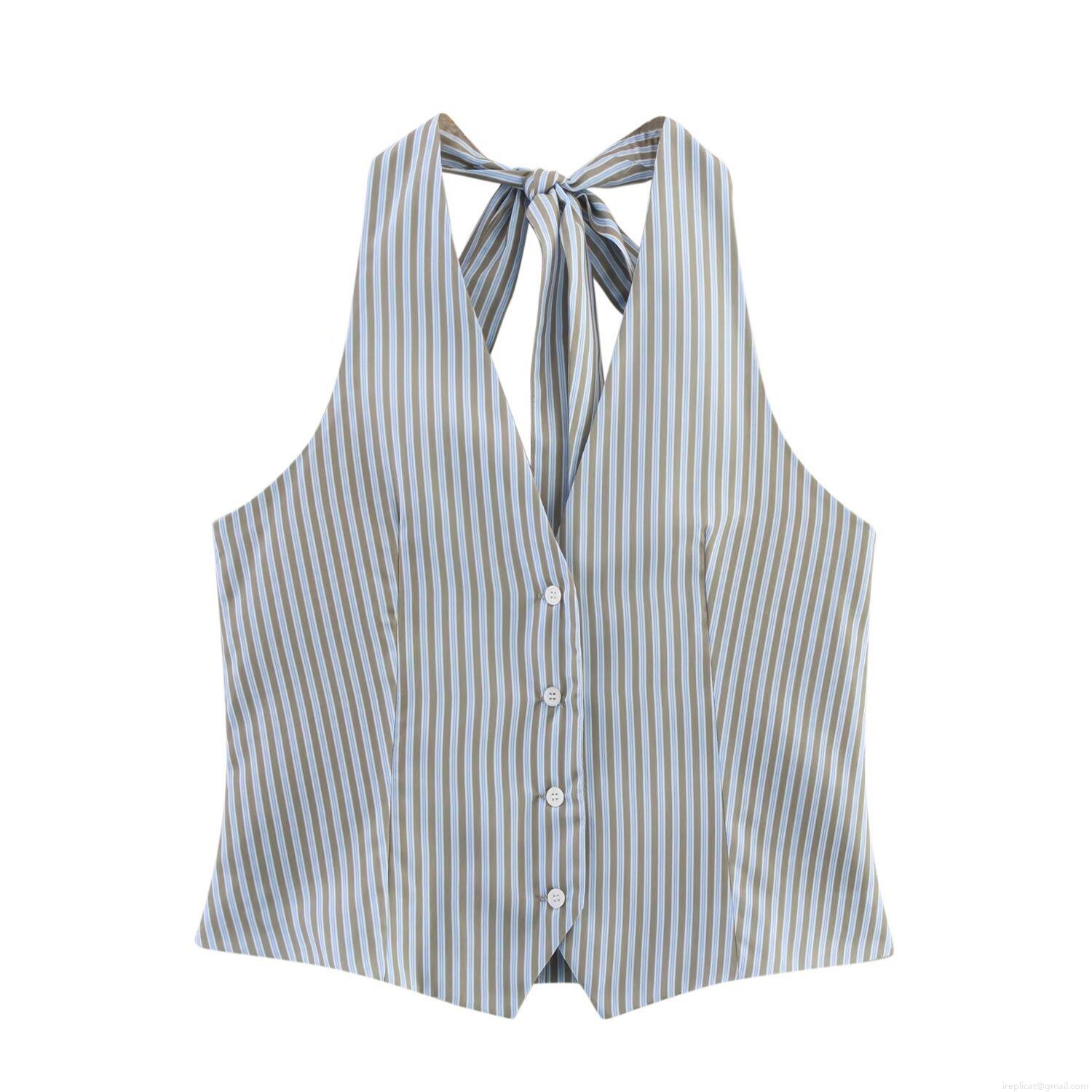 Women's Striped Halter Neck Button Up Vest Top and Matching Wide Leg Pants Two Piece Set Sexy Sleeveless Backless Streetwear Casual Summer Outfits for Women