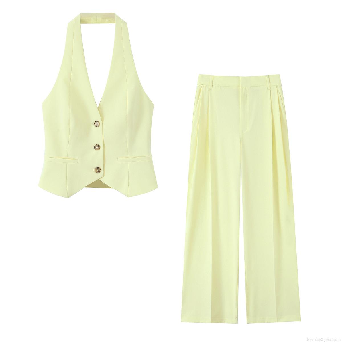Women's 2 Piece Set Halter Neck Backless Vest Top And High Waist Wide Leg Trousers Pale Yellow Woven Polyester Sleeveless Outfits Street Style Casual Formal Wear