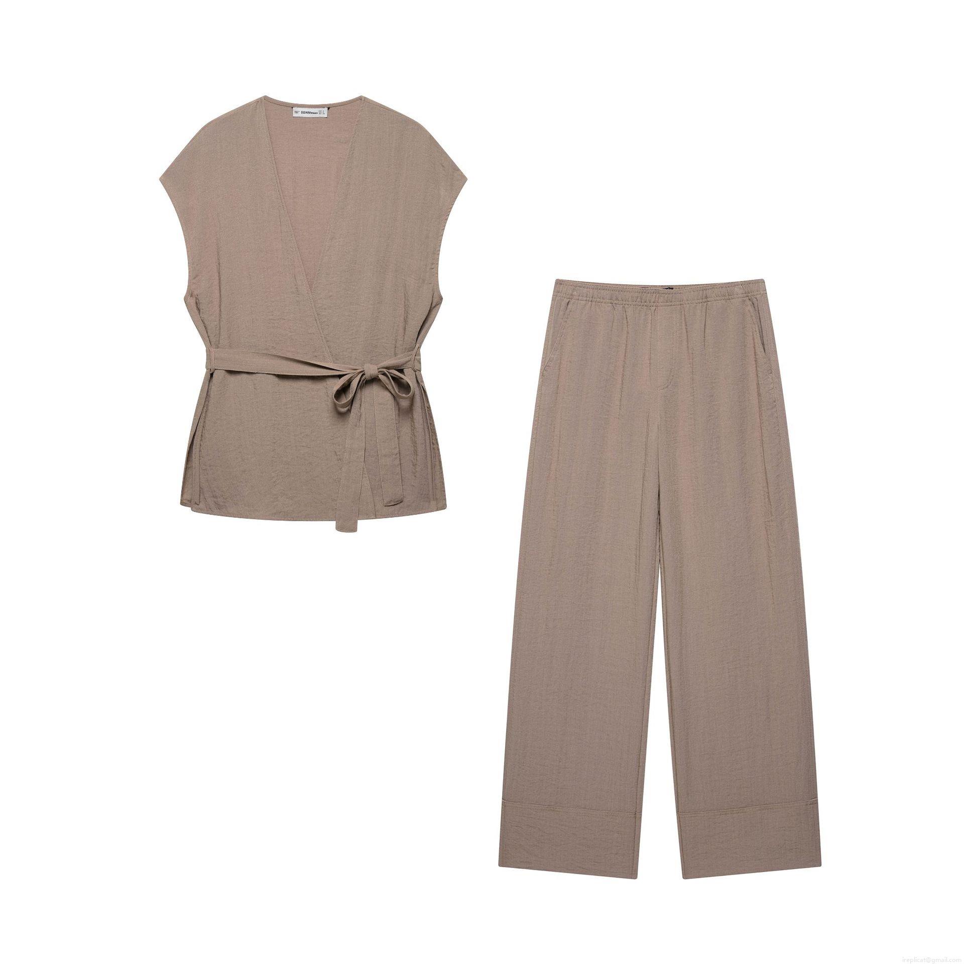 Women Casual Linen Texture Polyester Two Piece Set Sleeveless Belted Wrap Vest Top And Wide Leg Flared Pants Outfits For Summer Vacation